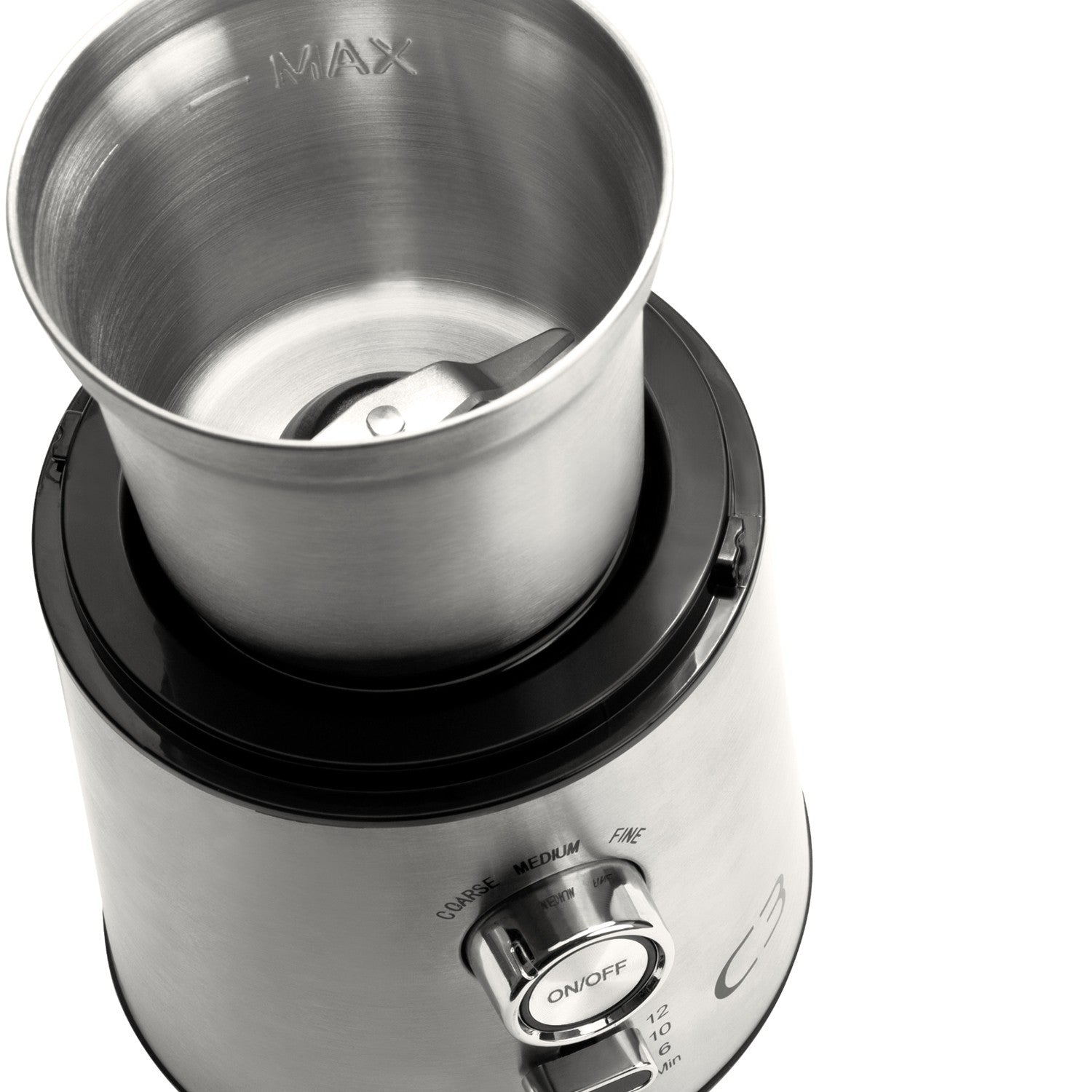 Close up of a silver coffee grinder lid with MAX marking and controls.