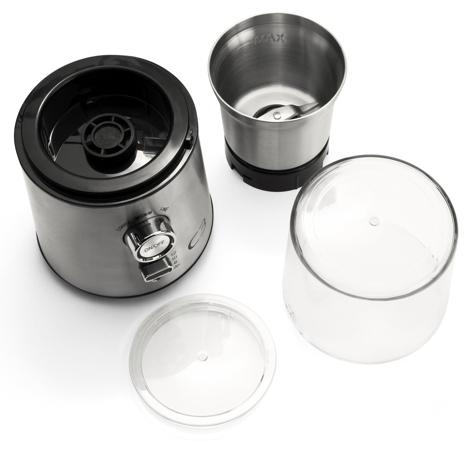 A stainless steel coffee grinder set with container, lid, and grinder.