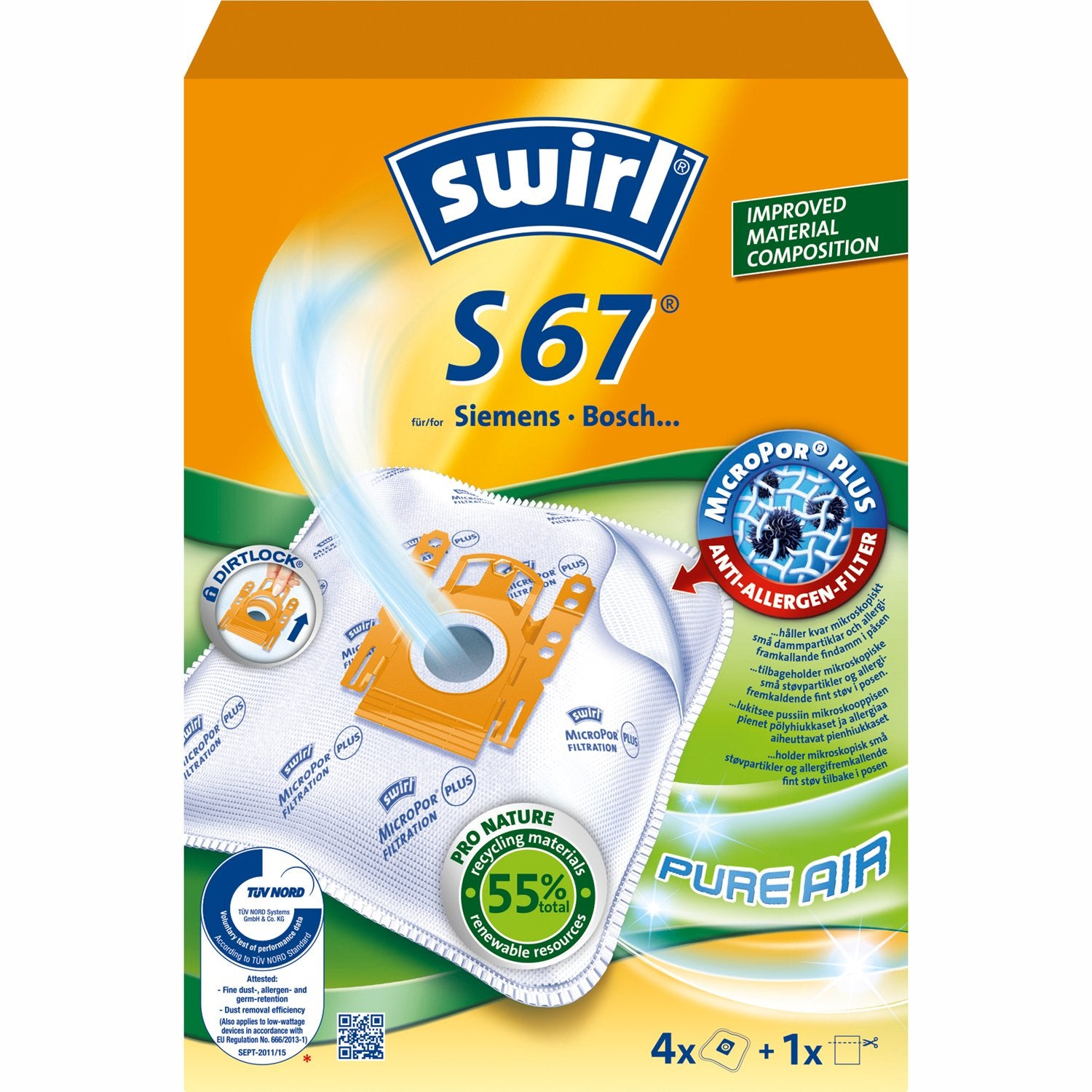 Een Swirl S67 stofzuigerzakkenverpakking met "Pure Air" en anti-allergeen filter.