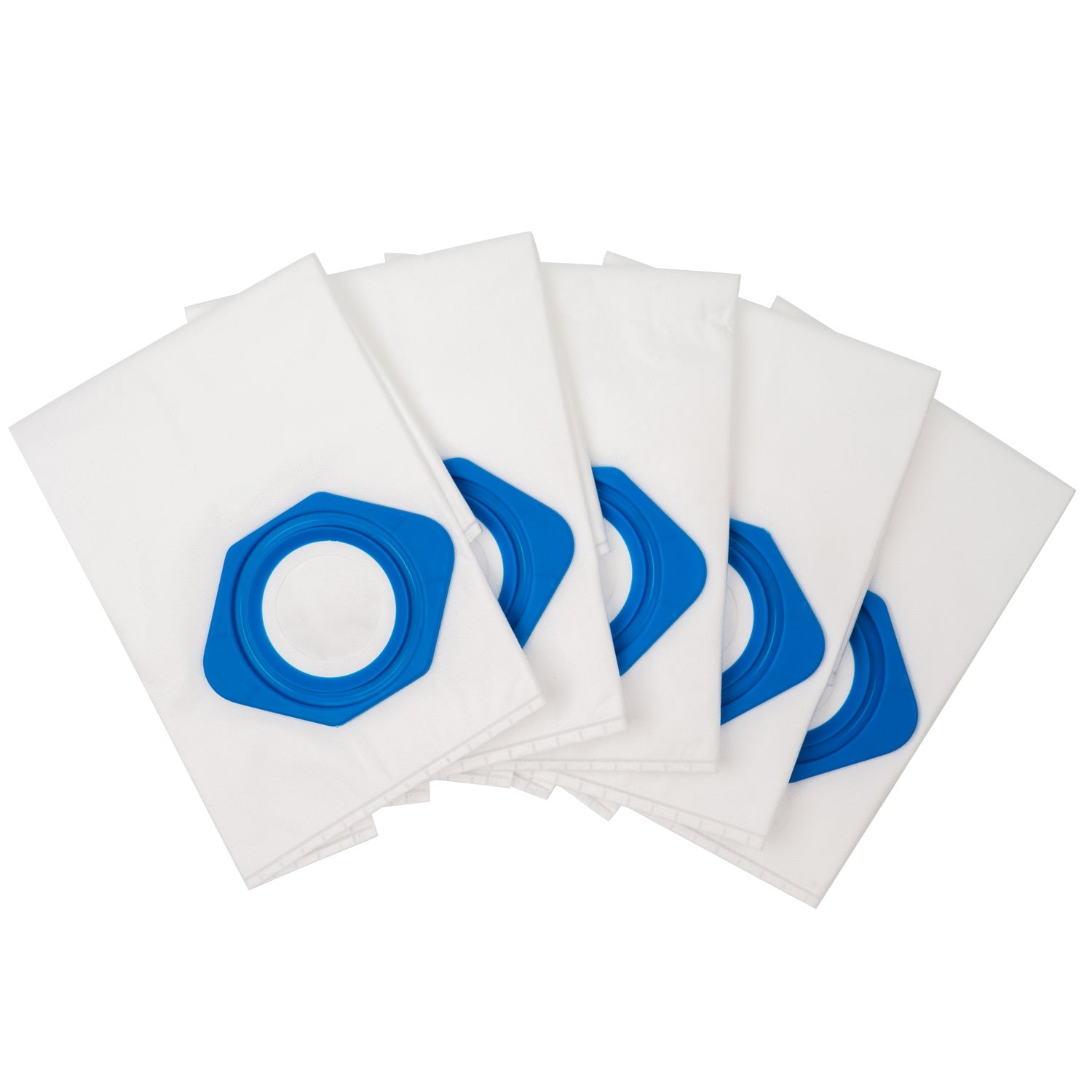 Vijf witte stofzuigerzakken met blauwe connectoren op witte achtergrond.