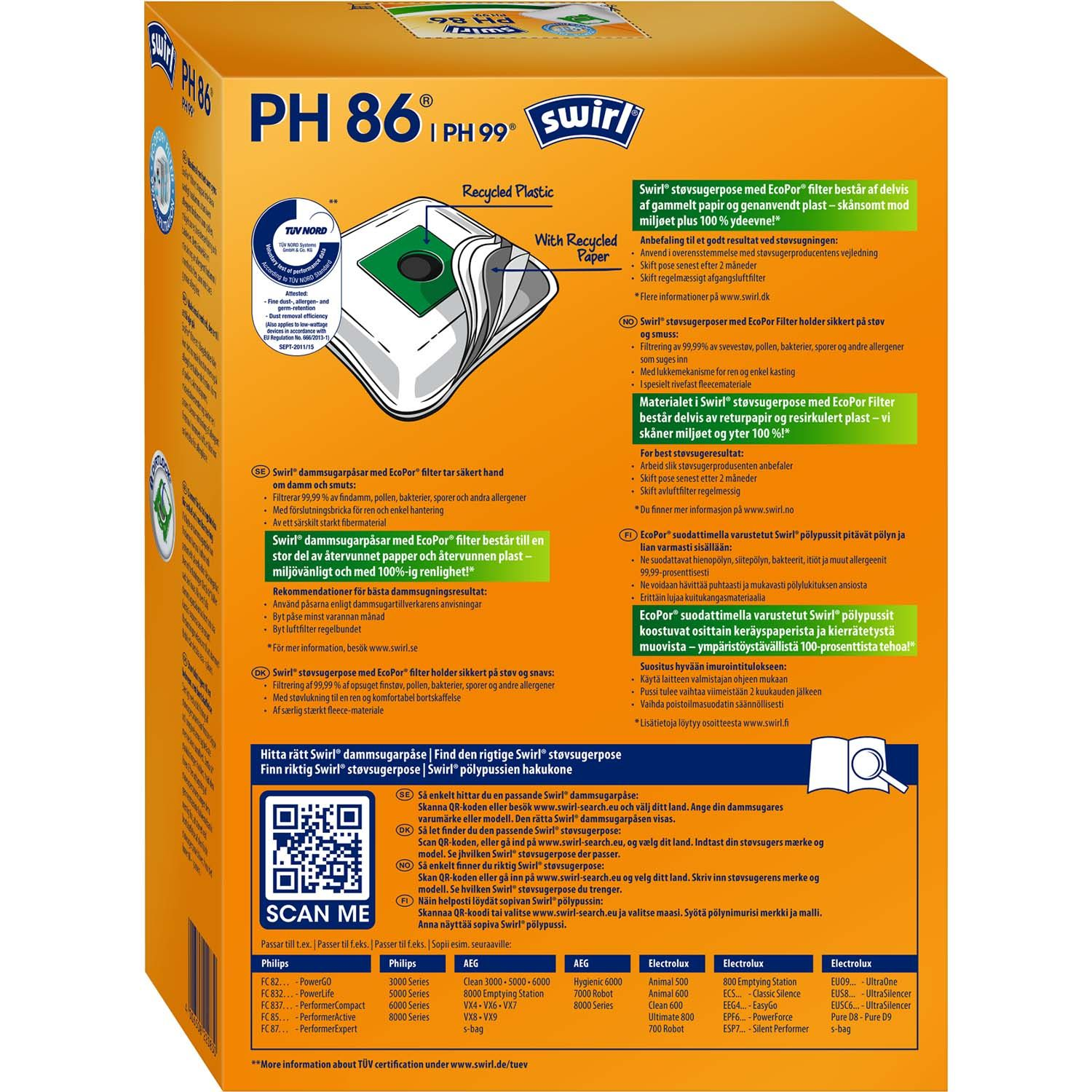 Packaging for Swirl vacuum cleaner bags with EcoPor filter, made from recycled material.