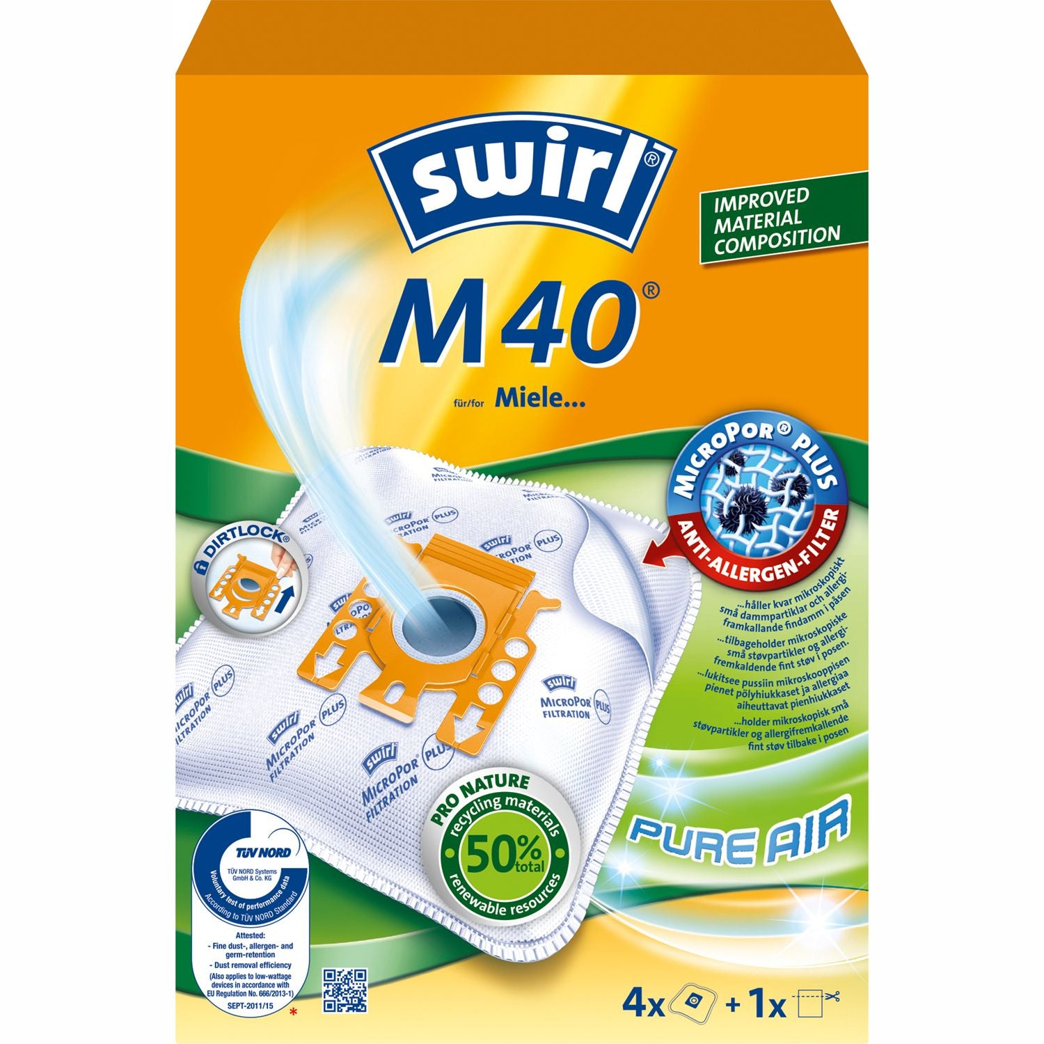 Verpakking Swirl M40 stofzuigerzakken met anti-allergeen filter en Pure Air technologie.