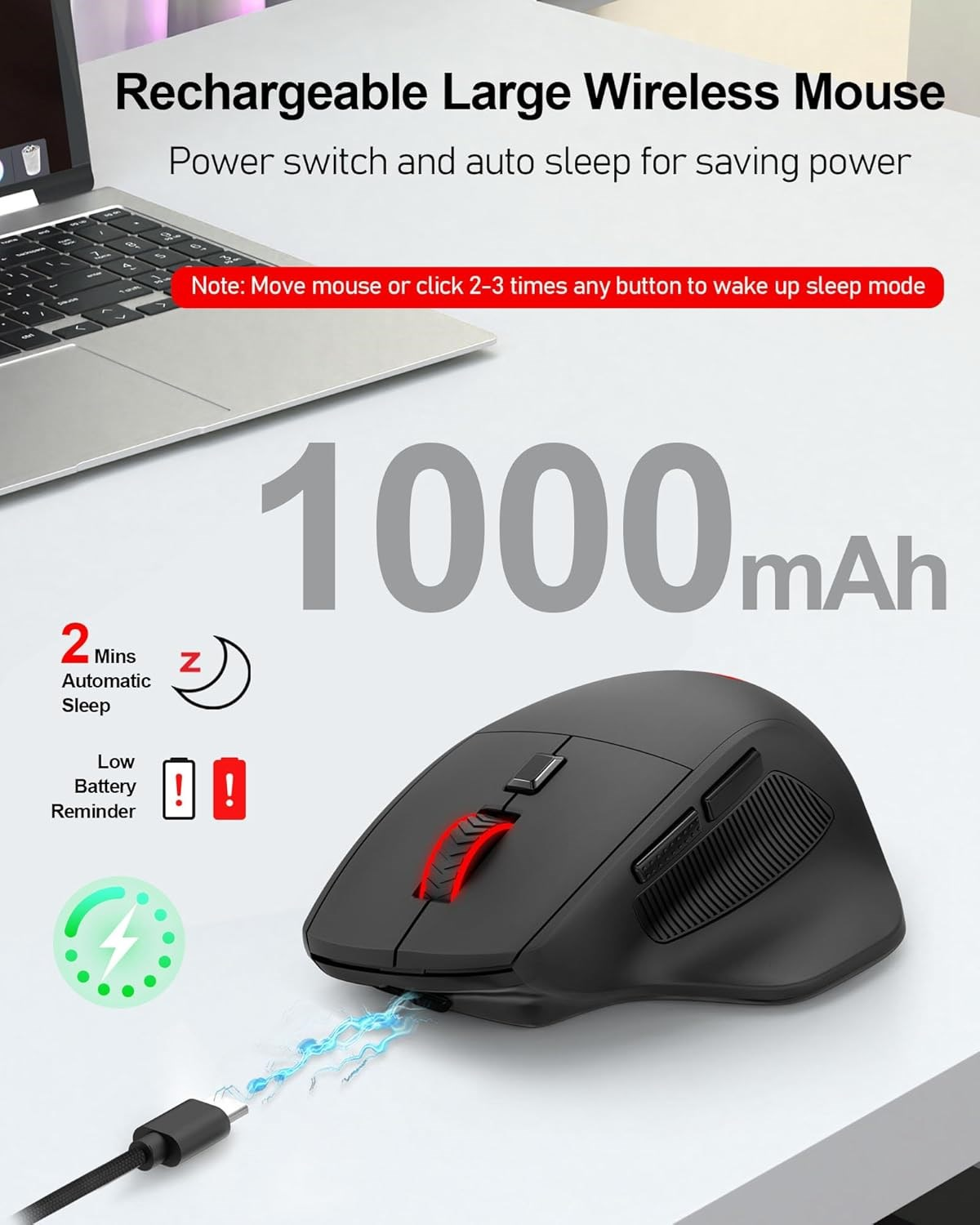 USB-C ile şarj olan siyah kablosuz fare. 1000mAh pil.