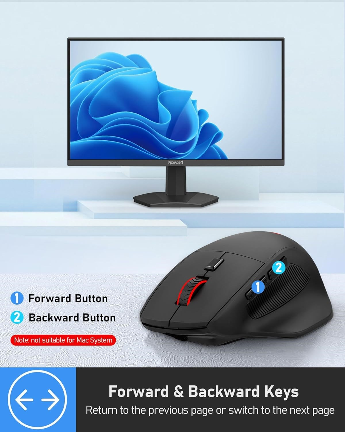 Mavi arka planlı siyah PC monitörü ve kırmızı vurgulu siyah fare.