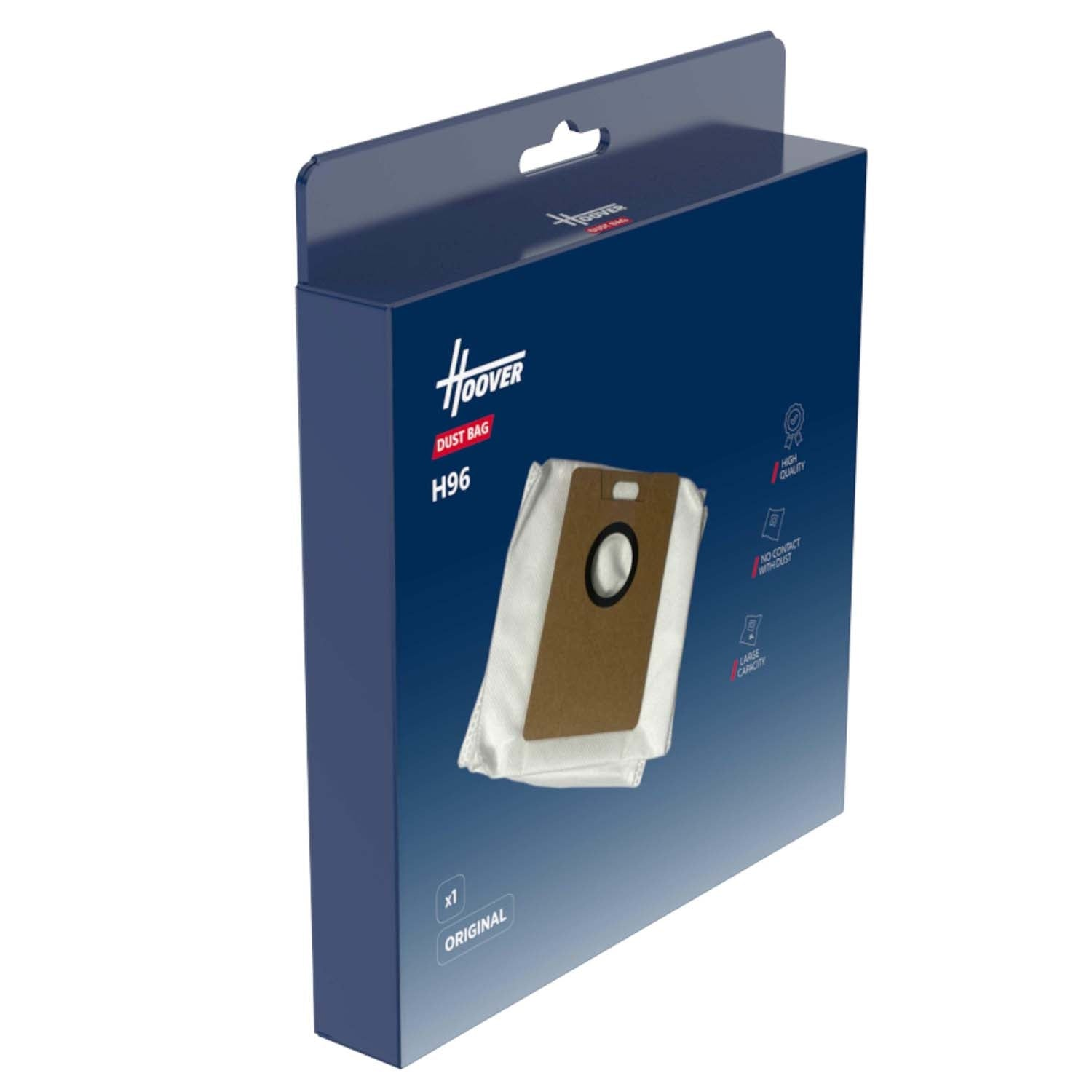 Hoover H96 dust bag packaging with a dust bag shown.