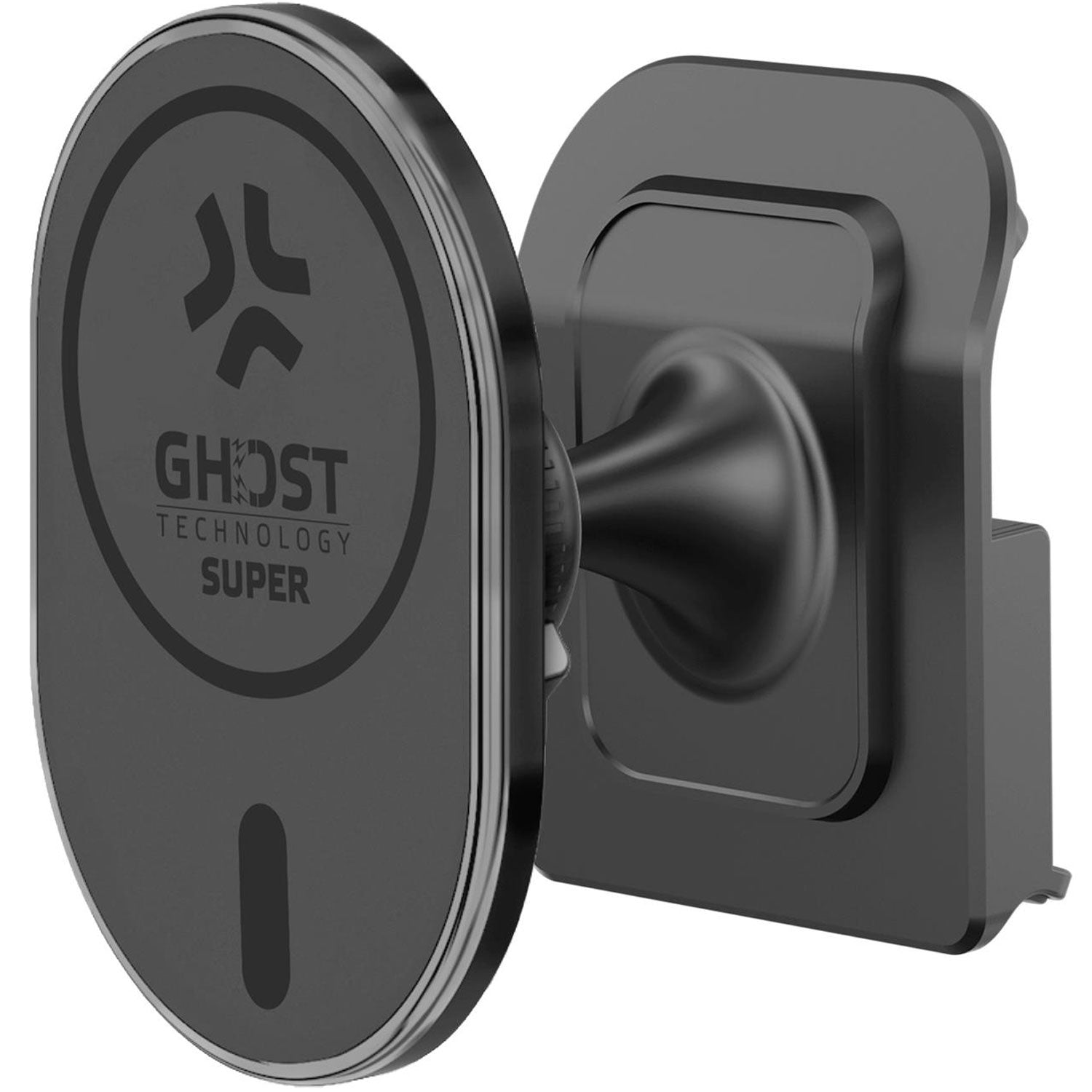 Zwarte magnetische telefoonhouder met "Ghost Technology Super" logo.