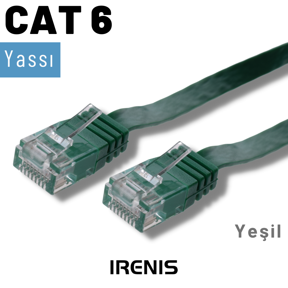 Şeffaf konektörlü iki adet düz, yeşil CAT 6 ağ kablosu.