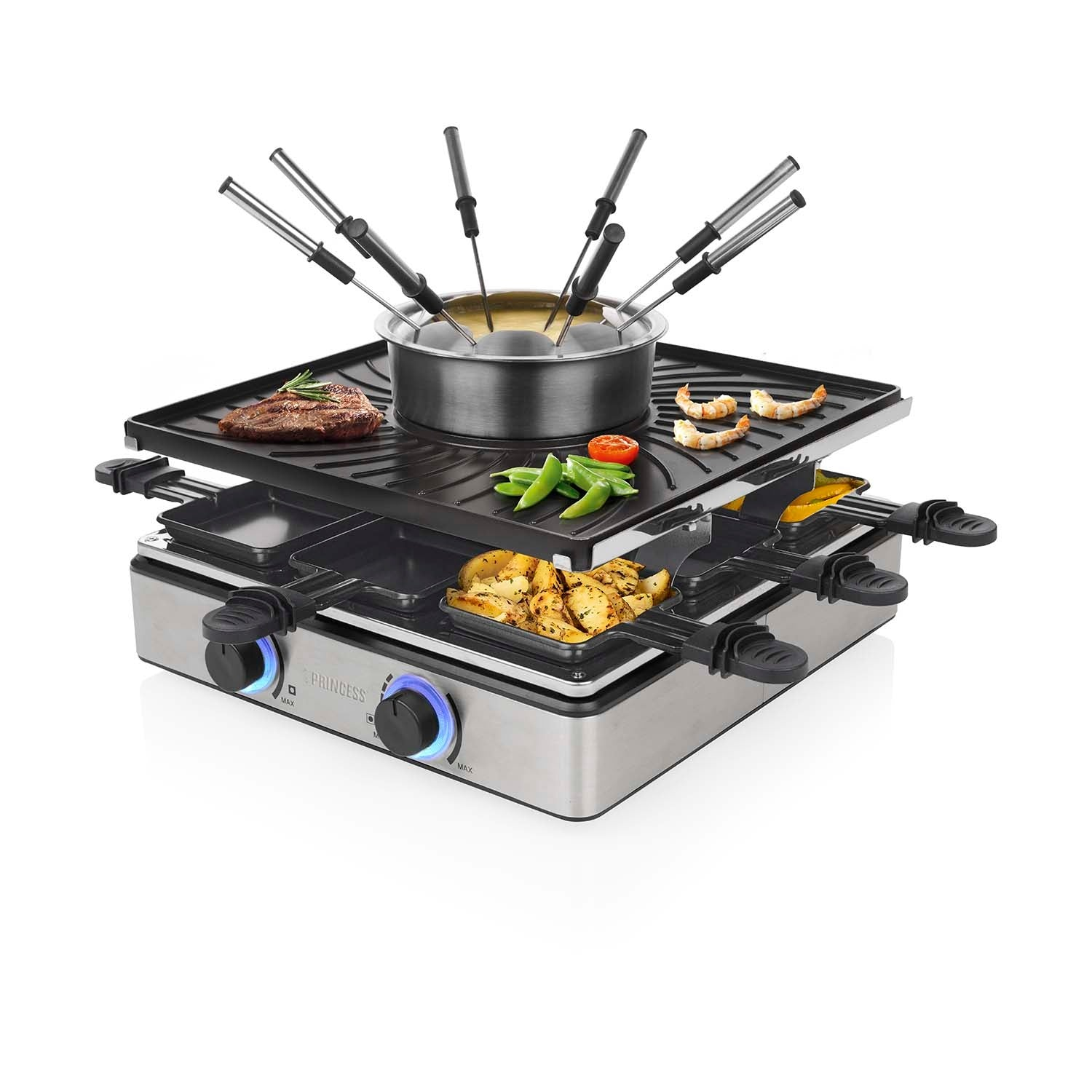 A multi-level raclette grill with fondue pot, steak, shrimp, peas, and potatoes.