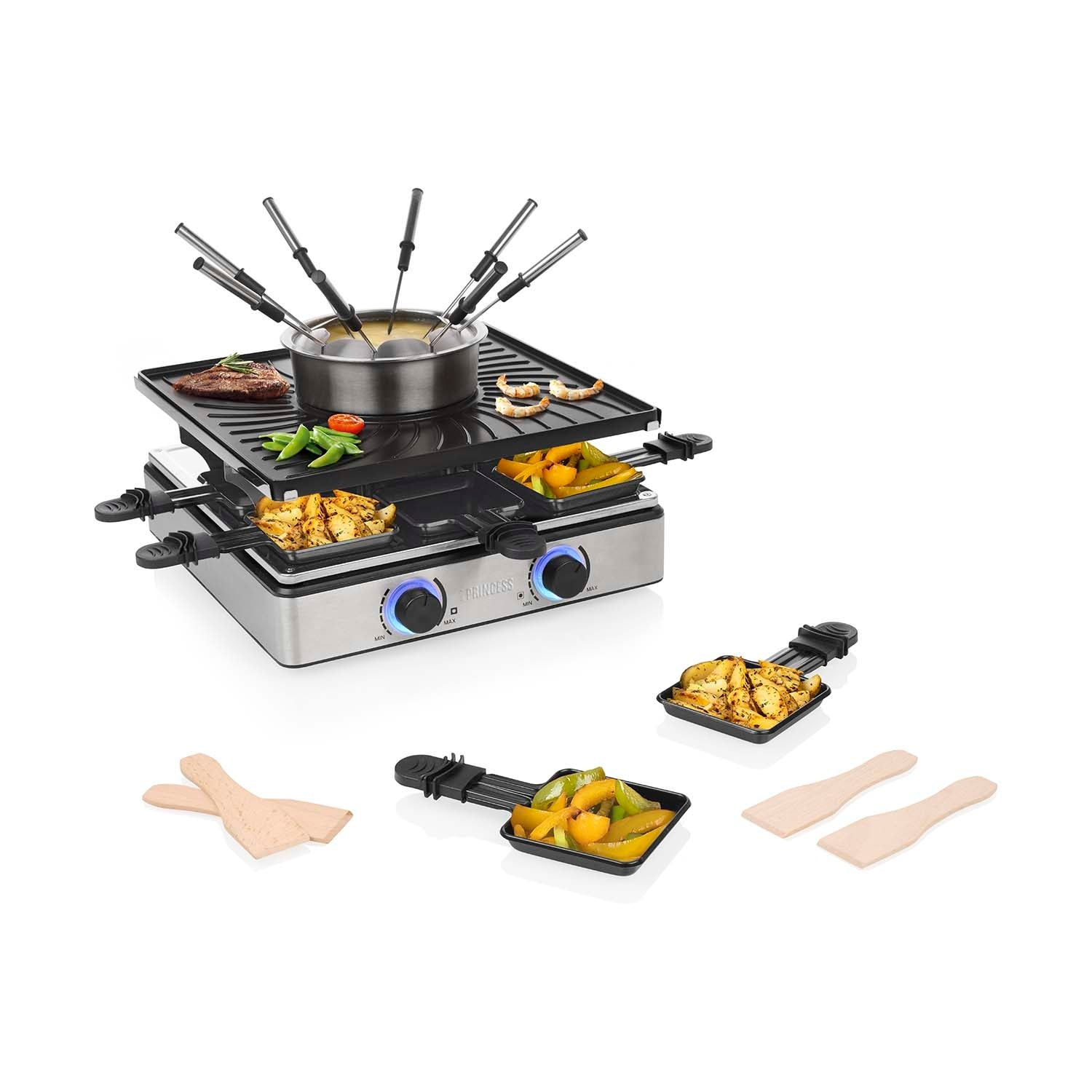 Raclette grill with fondue pot, meat, shrimp, vegetables, and potatoes.