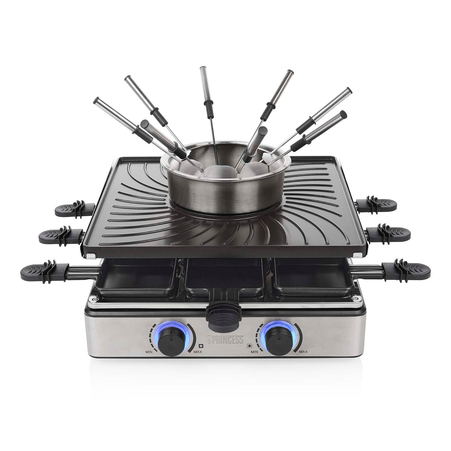 A raclette grill with a griddle, fondue pot, and eight skewers.
