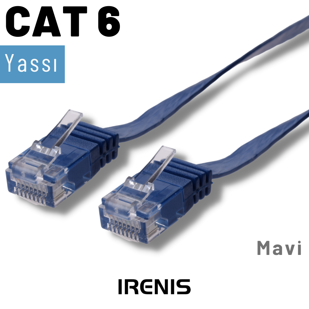 İki RJ45 konektörlü düz, mavi CAT 6 ağ kablosu.