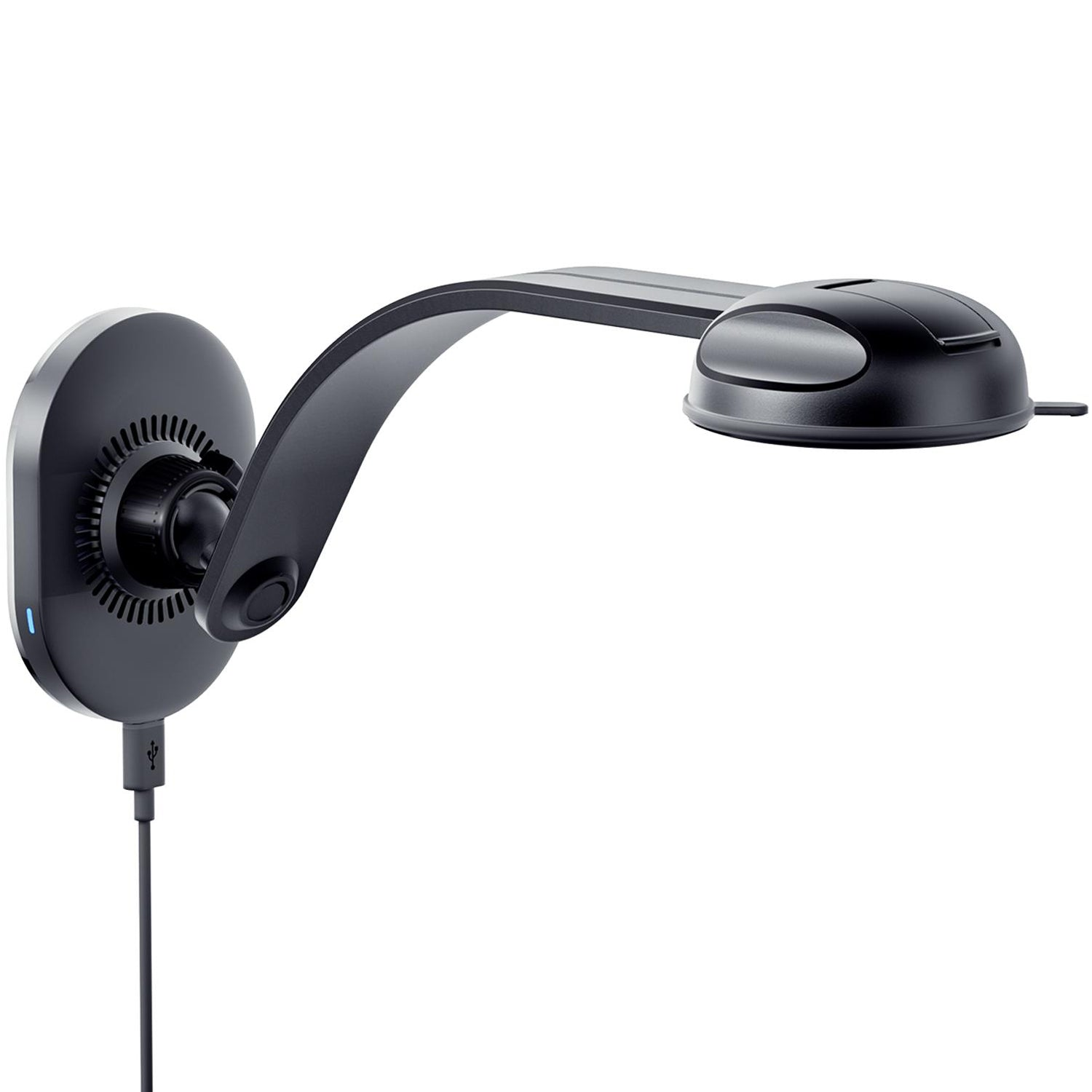 Een zwarte, verstelbare bureaulamp met een USB-kabel aan de basis.