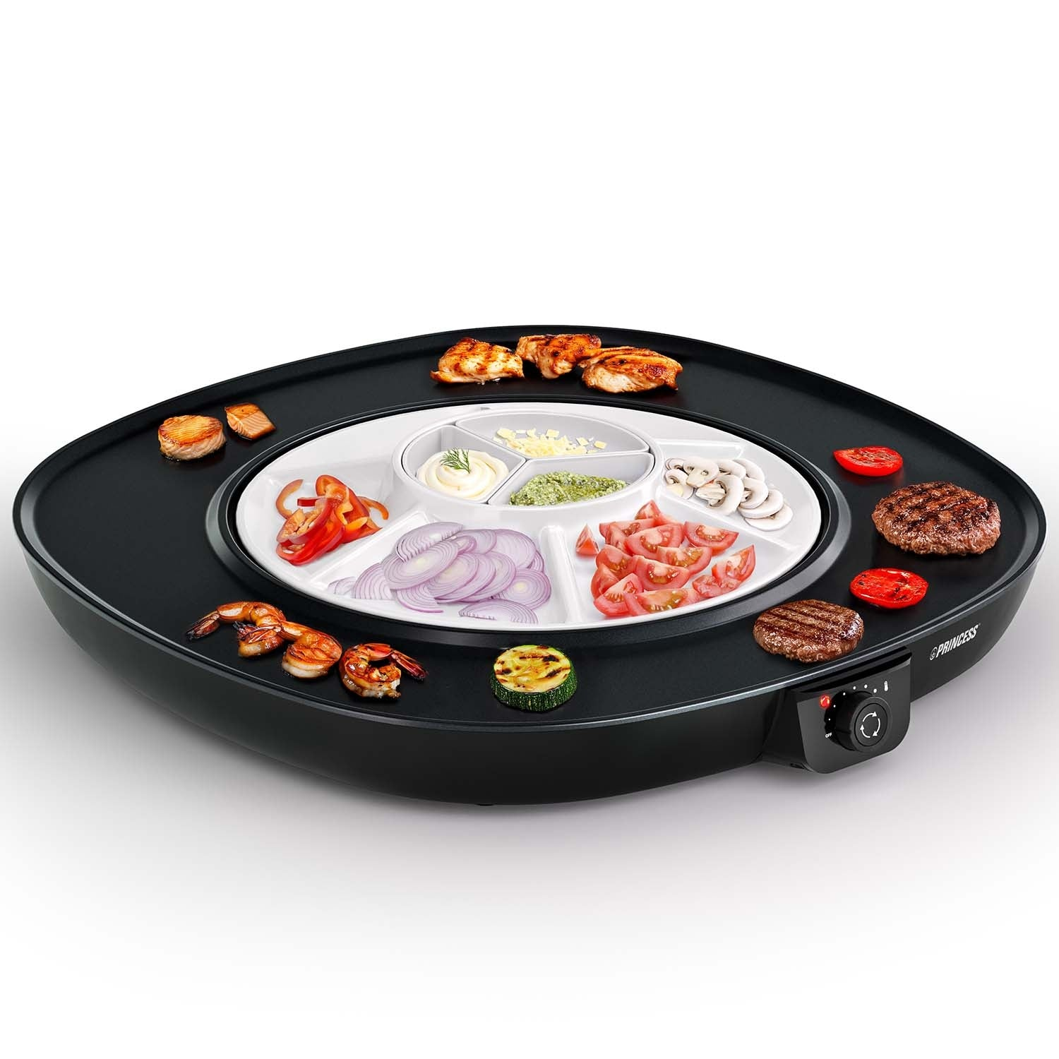 A black electric grill with various food items like shrimp, burgers, salmon, and vegetables.