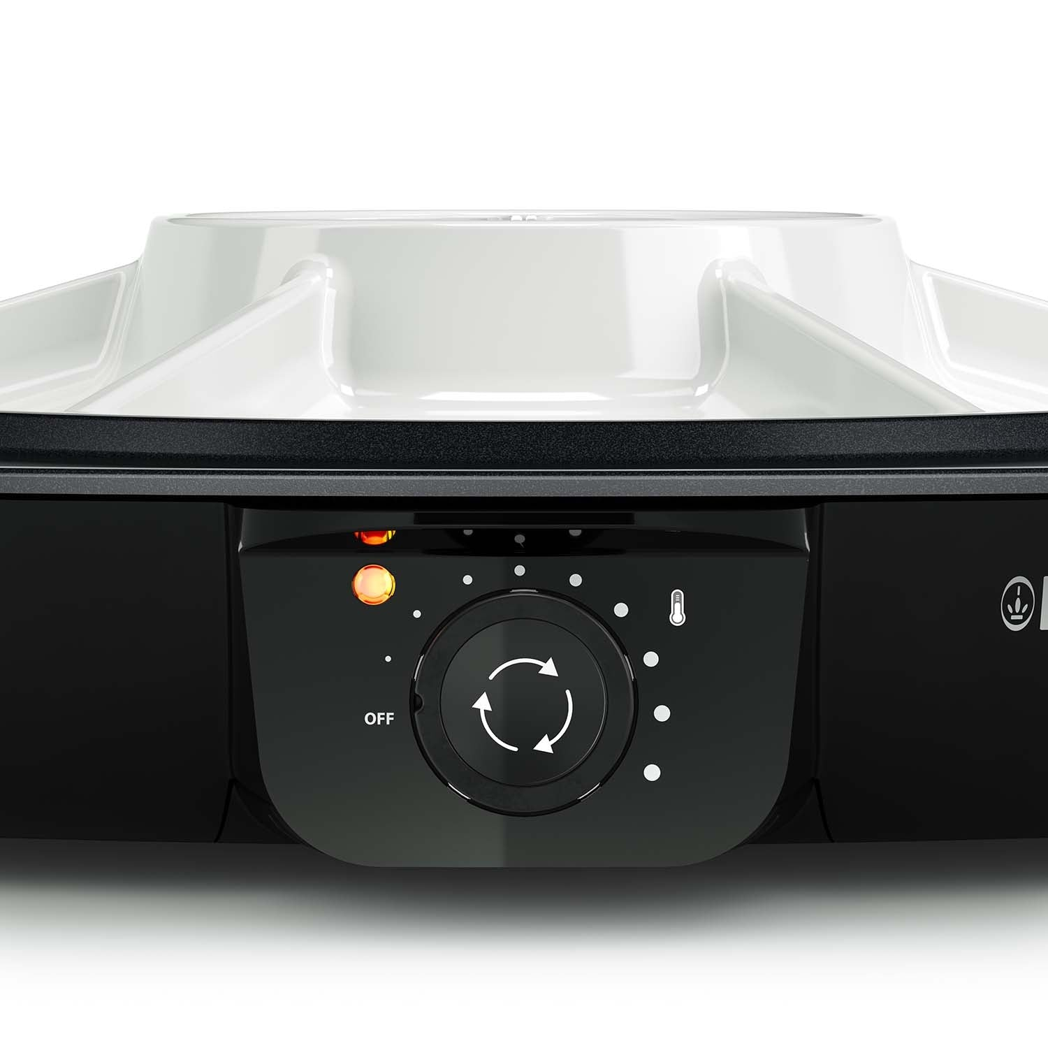Close-up of a black appliance with a white lid, controls, and an orange light.