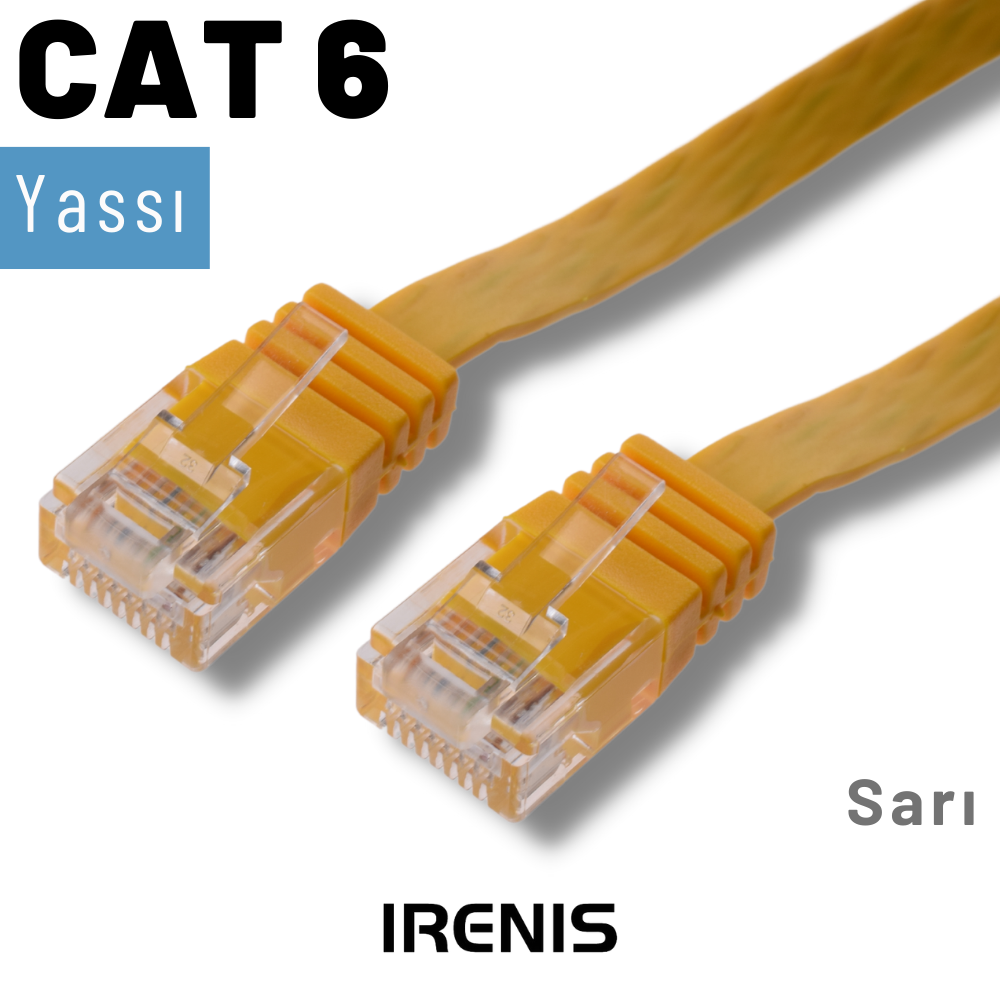 Şeffaf konektörlü sarı, düz CAT 6 Ethernet kablosu.