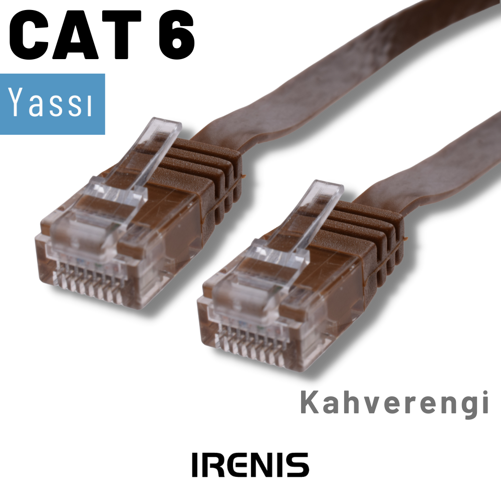 Şeffaf konektörlü kahverengi CAT 6 yassı ağ kablosu, beyaz arka plan üzerinde.