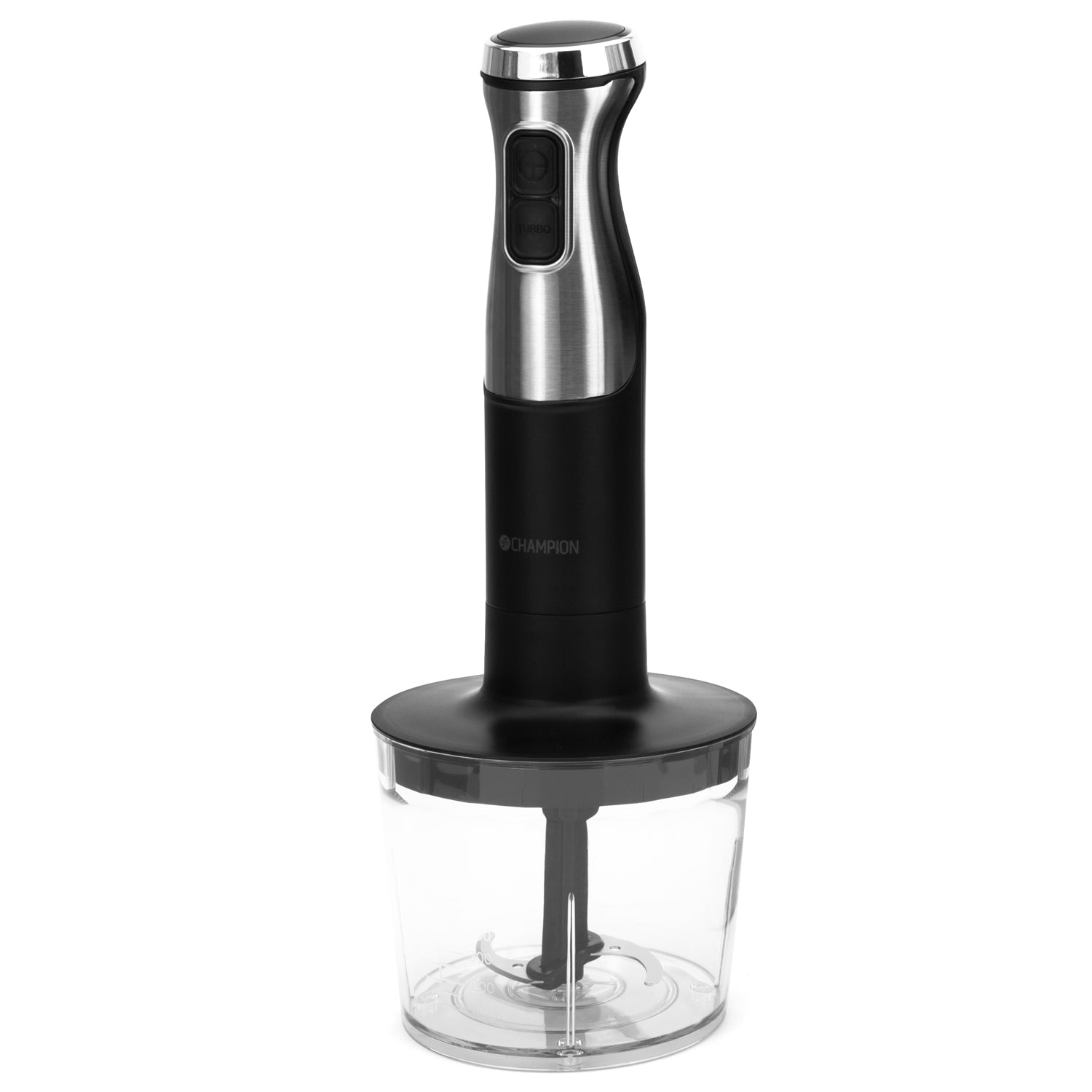 A black immersion blender with a silver handle and turbo button, over a clear container.