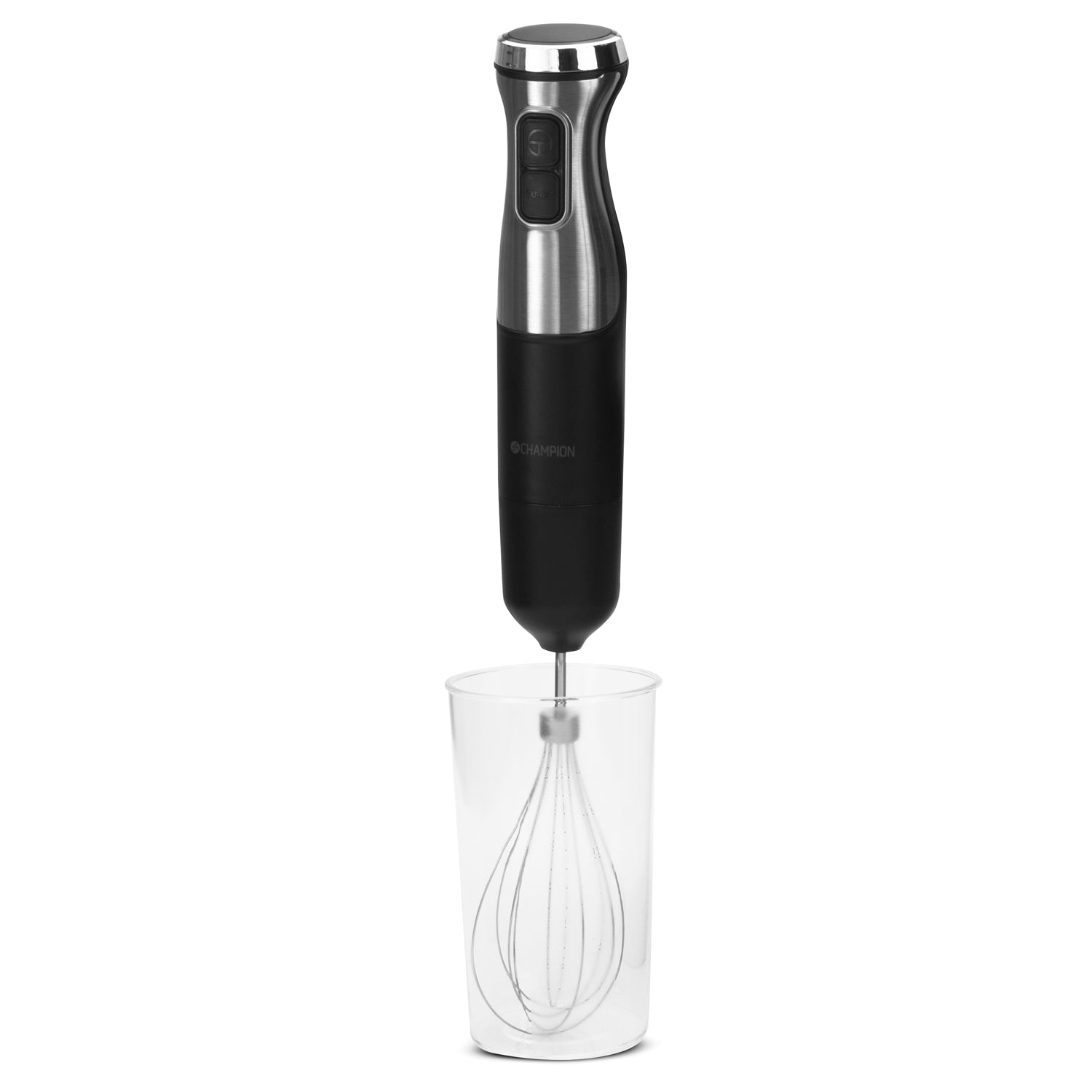 A black immersion blender with silver accents in a glass with a whisk attachment.