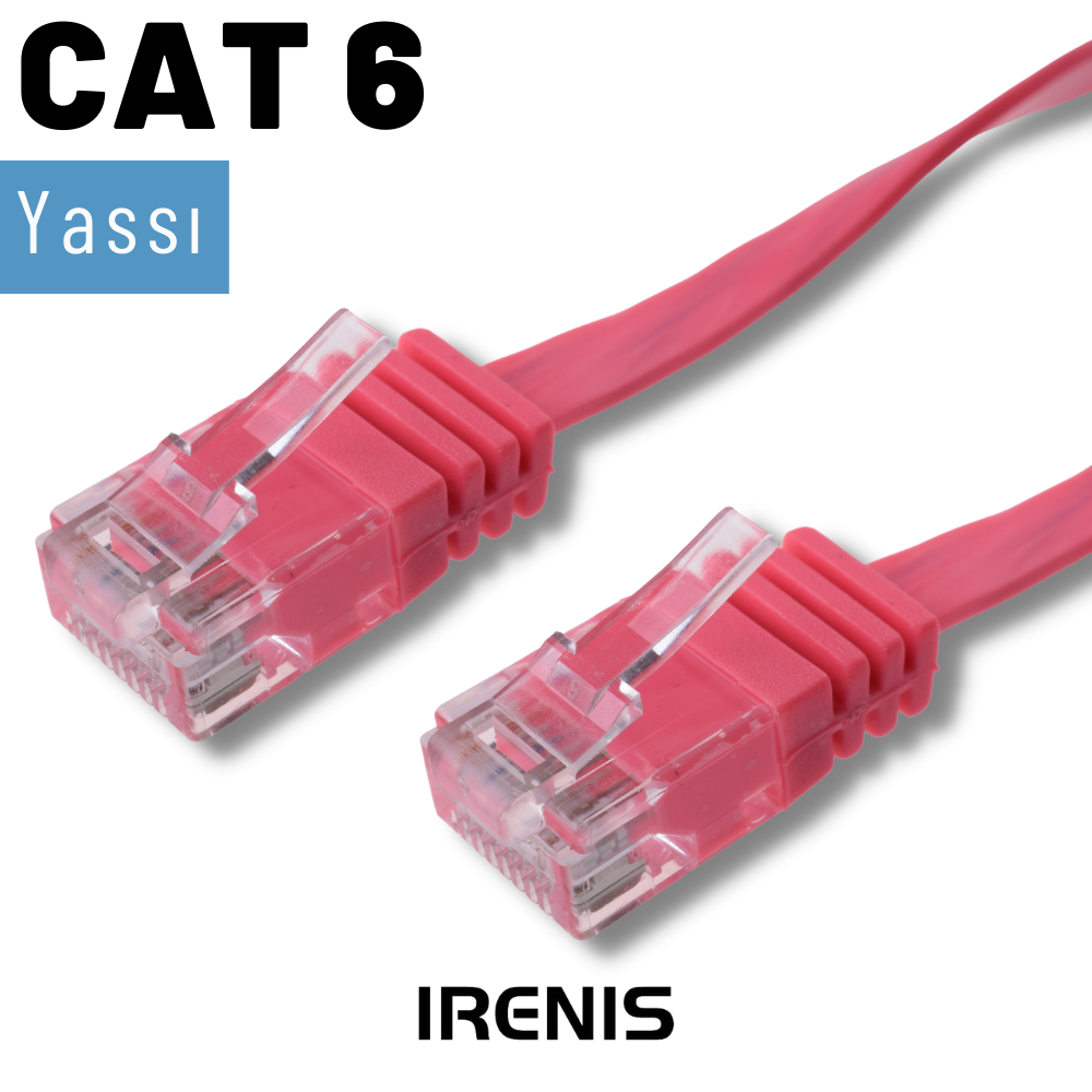Şeffaf konektörlü iki adet düz pembe CAT 6 ağ kablosu.