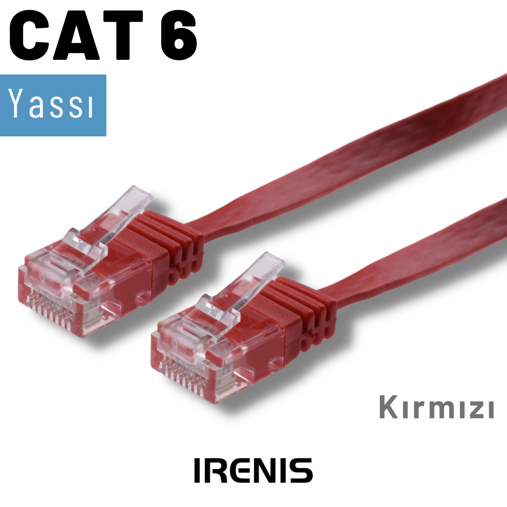 İki adet düz kırmızı CAT 6 ağ kablosu, şeffaf konektörlü, beyaz arka plan üzerinde.