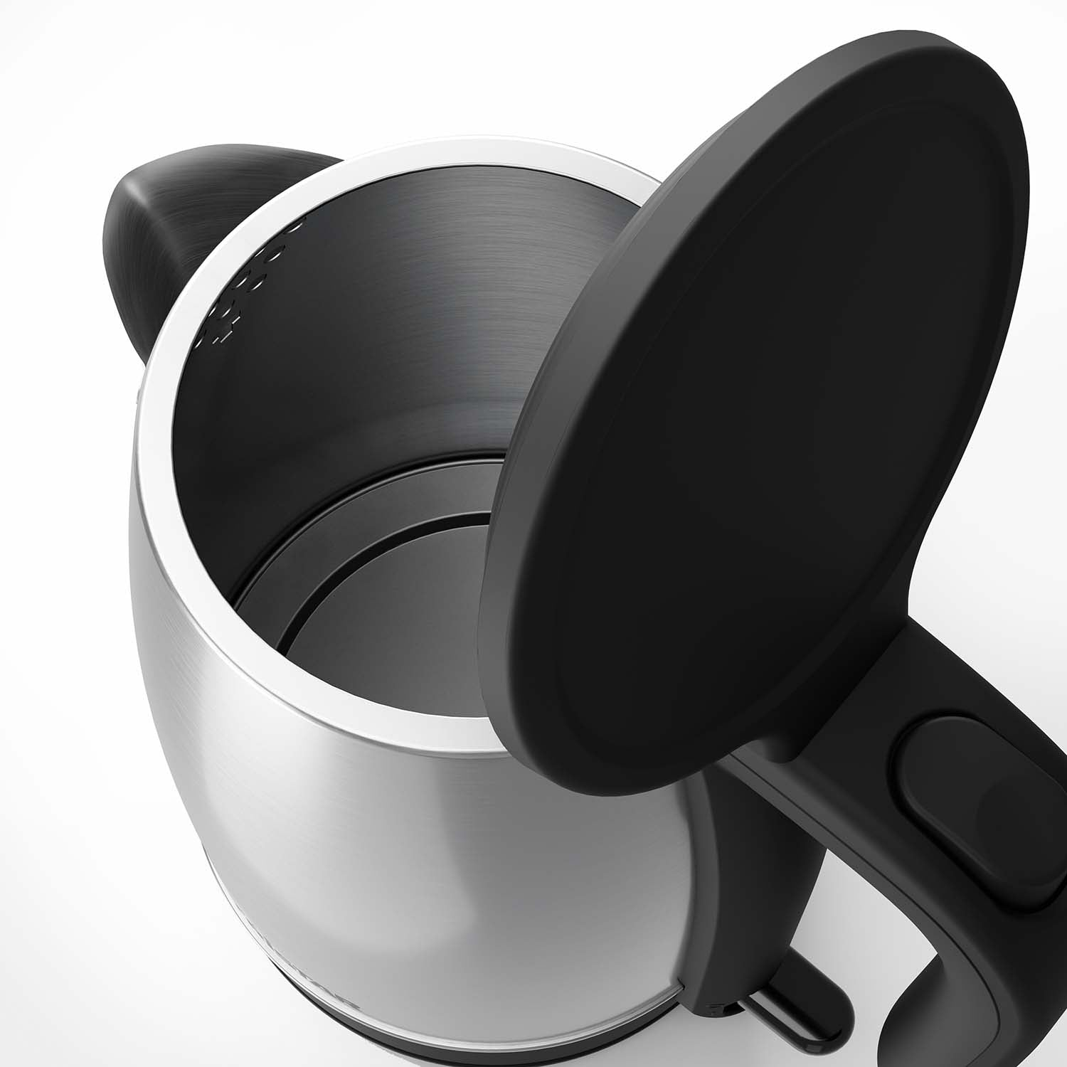 Silver kettle with open black lid, close-up view.