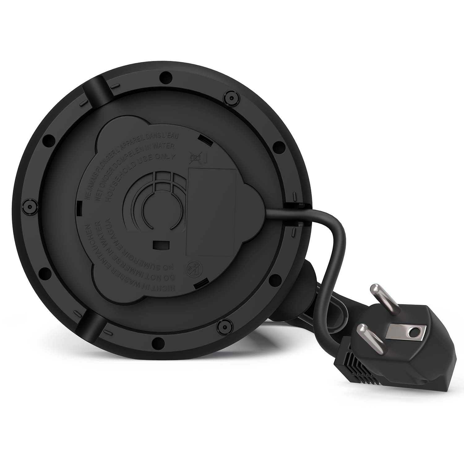 Underside of a black appliance with power cord and plug.