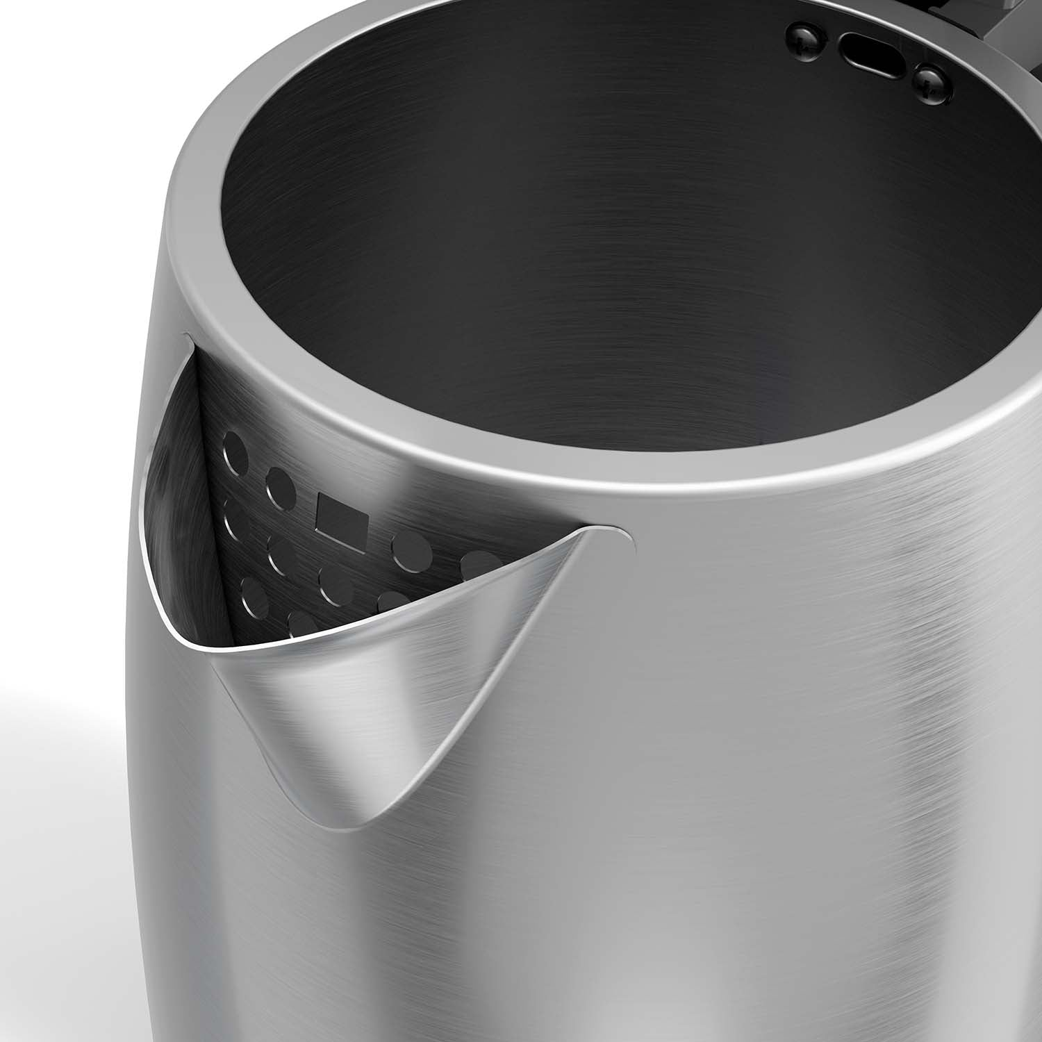 Close up of a silver kettle with a polished exterior and black interior.