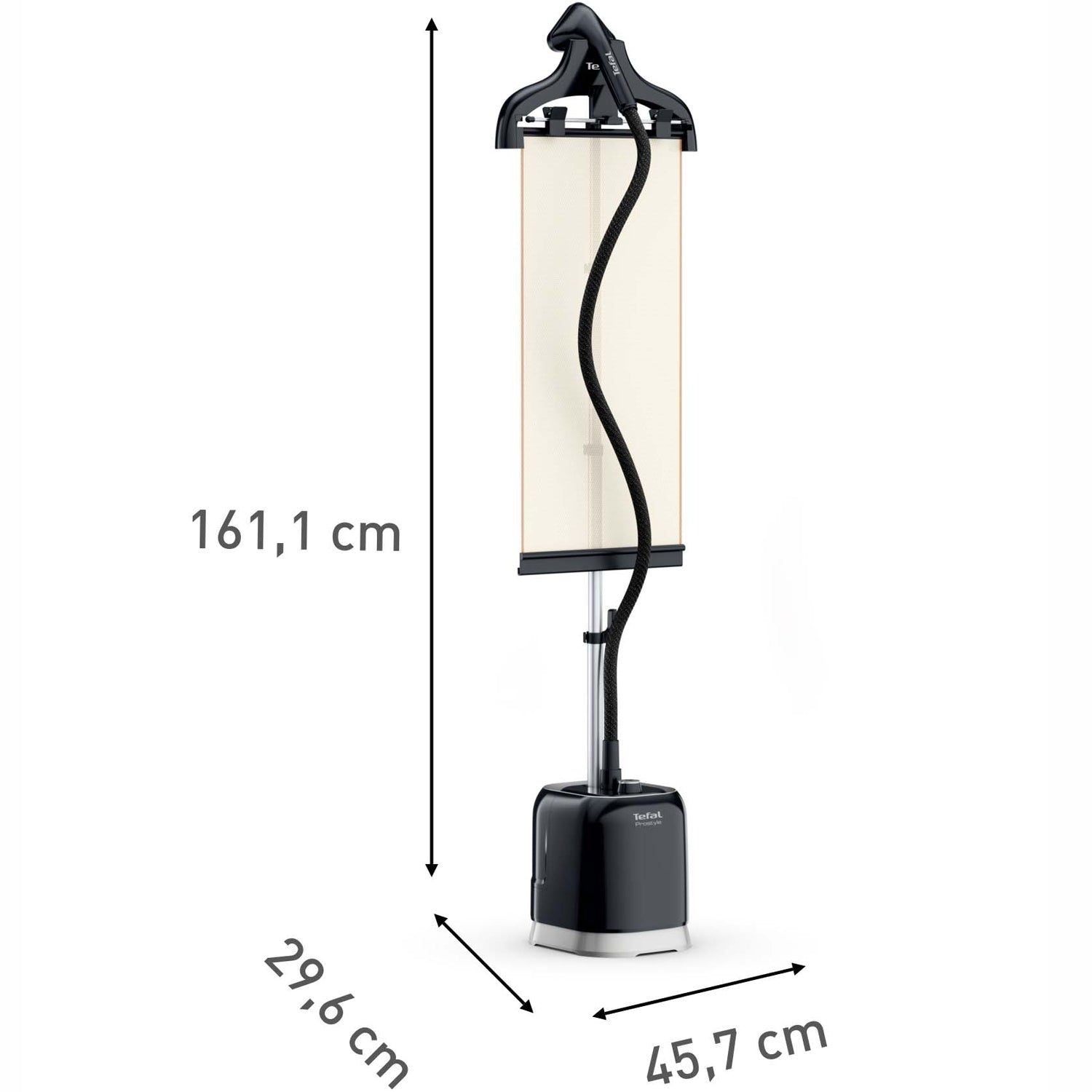 A black garment steamer with a beige board. Dimensions are shown.