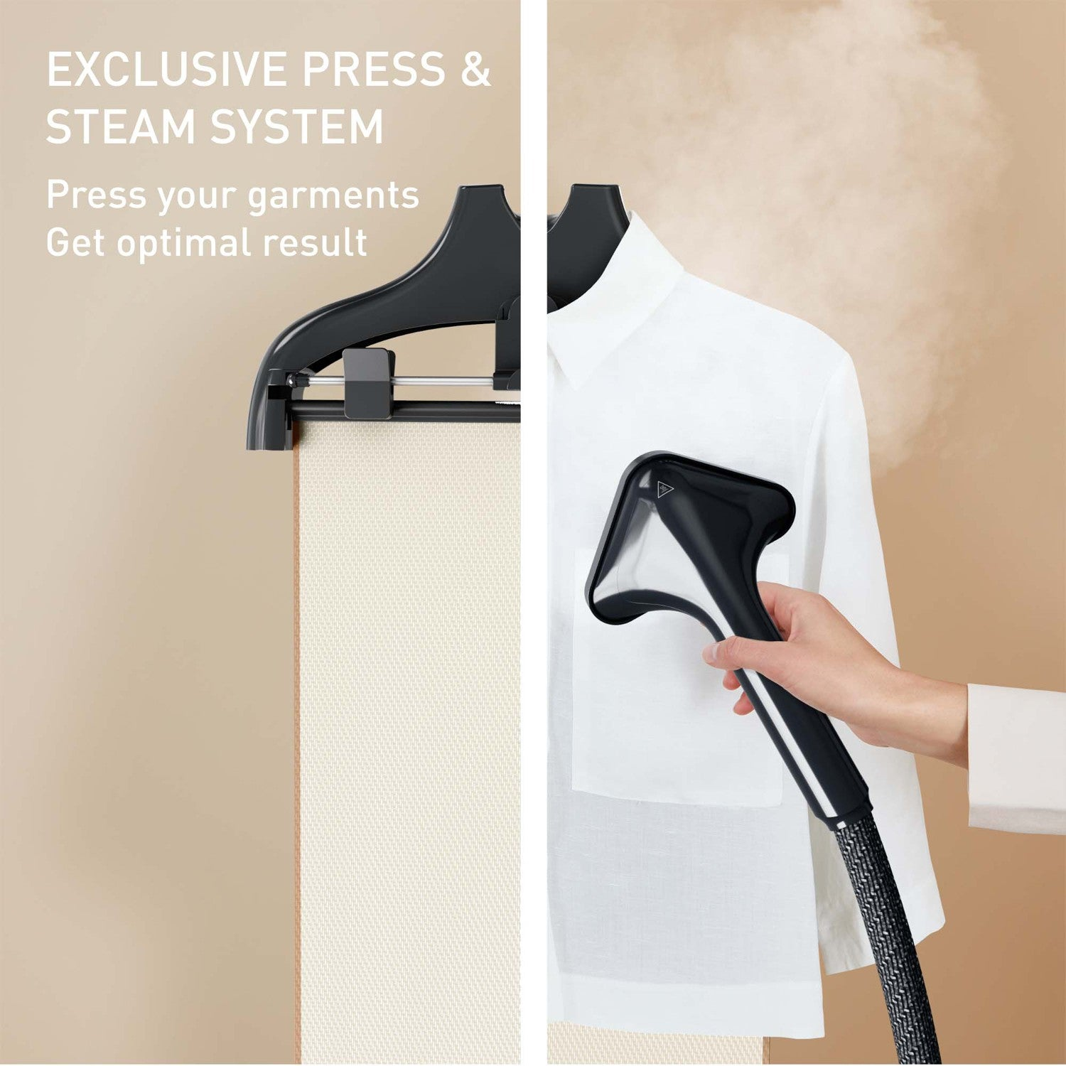 Hand holds steamer to smooth white shirt. Text promotes exclusive press & steam system.