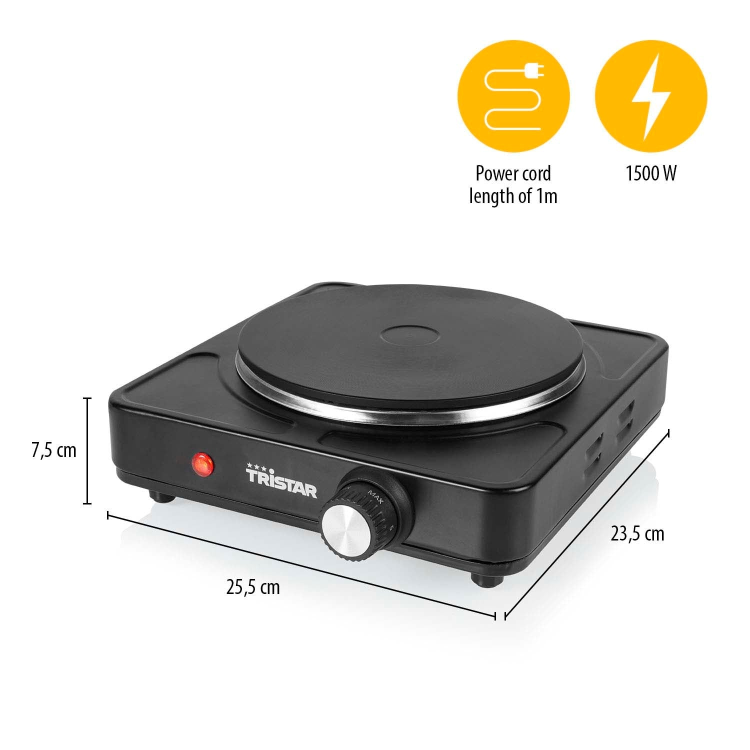 Black electric hot plate, 1500 W, 25.5x23.5x7.5 cm, 1m cord.
