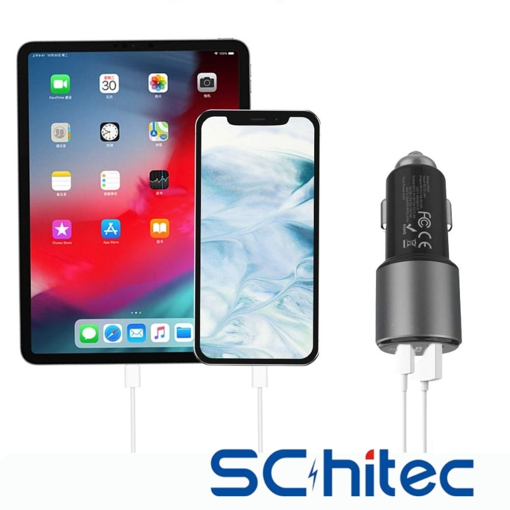 Kablolu bir tablet, akıllı telefon ve araç şarj cihazı gösteriliyor.