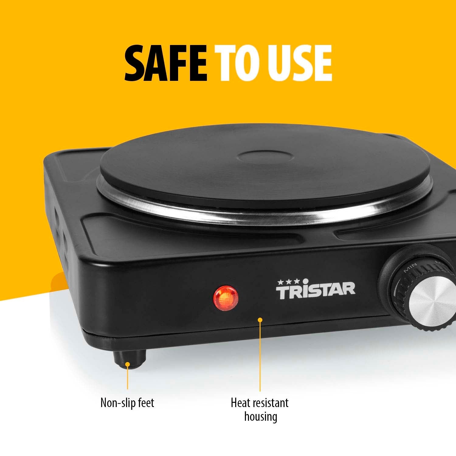 Black Tristar electric stove with red indicator light and control knob.