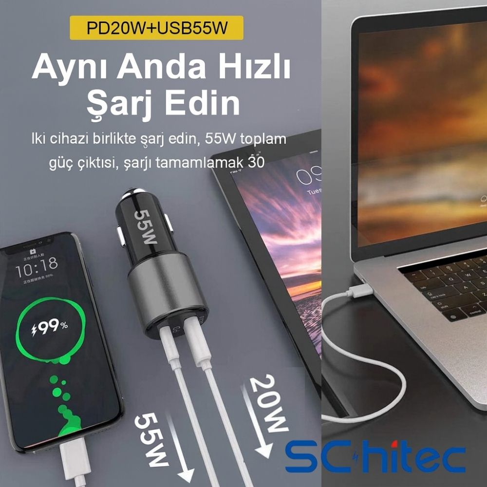2 portlu araç şarj cihazı, aynı anda telefon ve dizüstü bilgisayar şarj ediyor.
