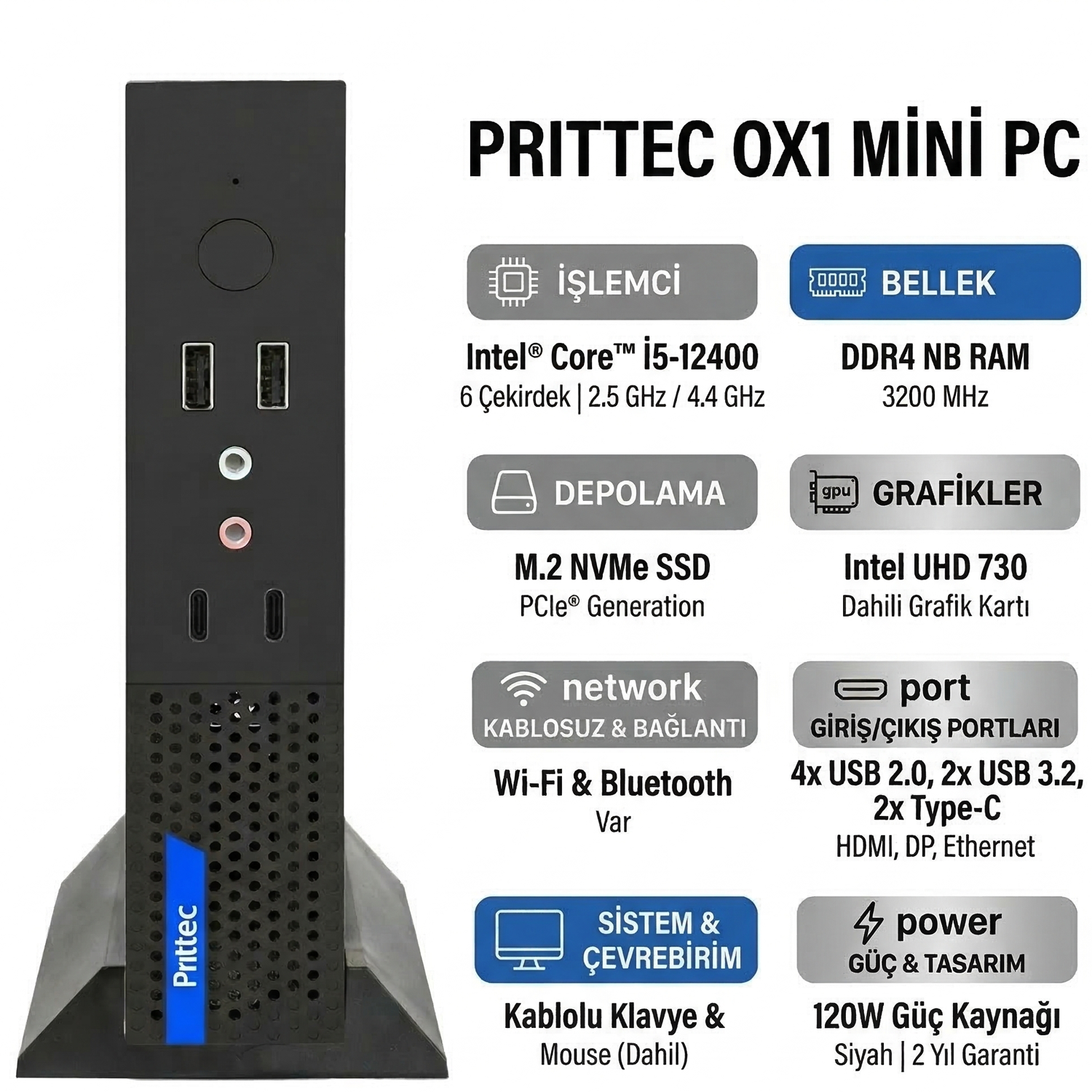 Intel Core i5, DDR4 RAM, M.2 SSD ve Intel UHD 730 grafikli Prittec OX1 Mini PC.