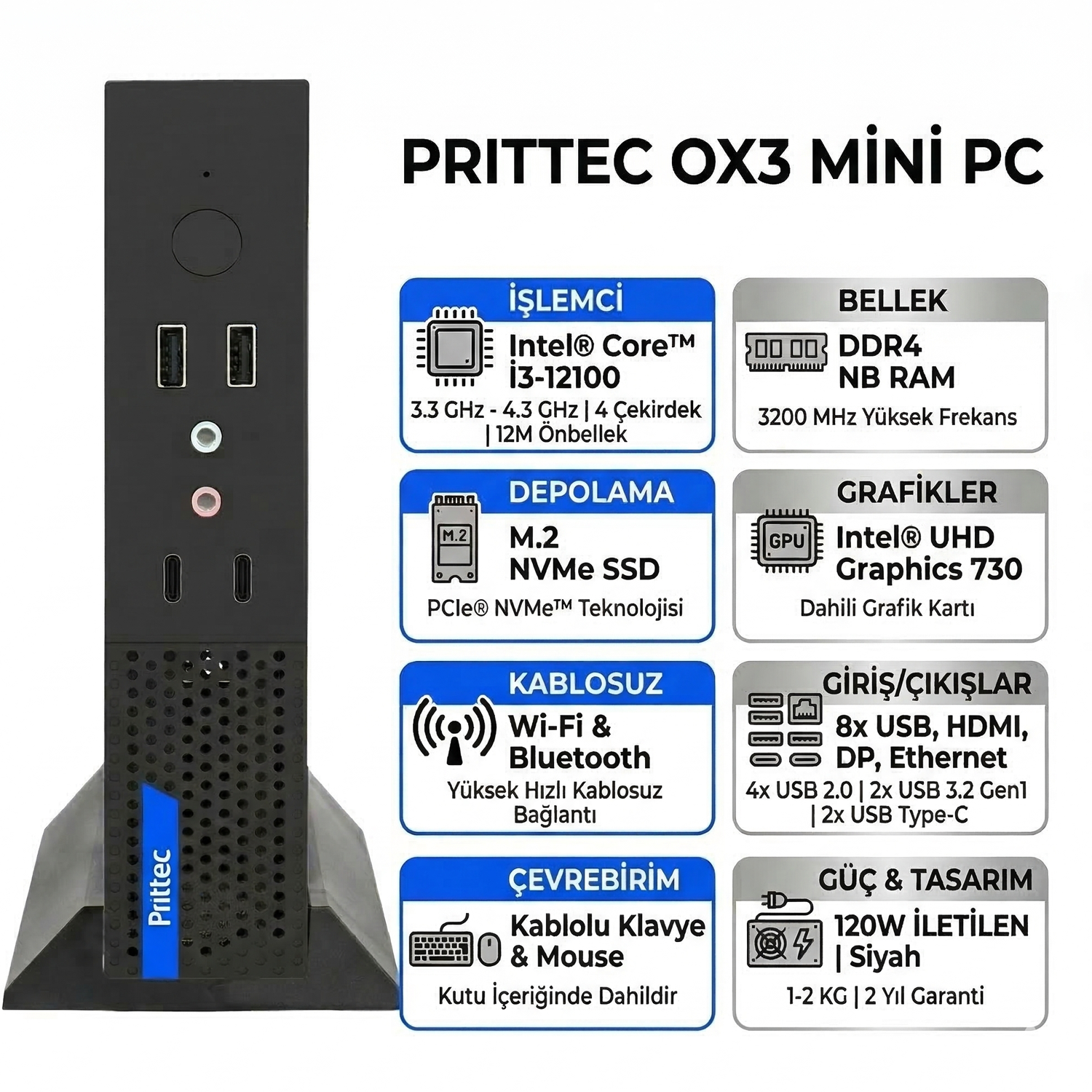 Intel i3-12100, 12M Önbellek, 3200MHz DDR4 RAM'li siyah Prittec OX3 Mini PC.