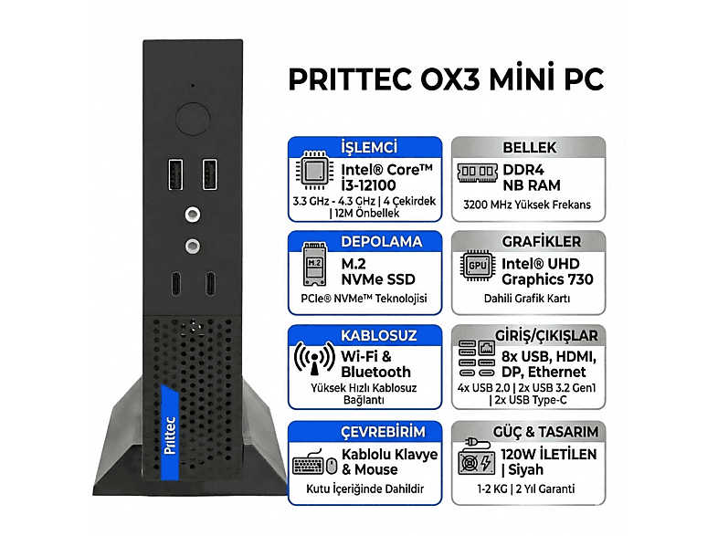 PRITECH Q7-TH610Lİ31210012 Intel Core i3-12100 12 GB RAM 512 GB SSD ...