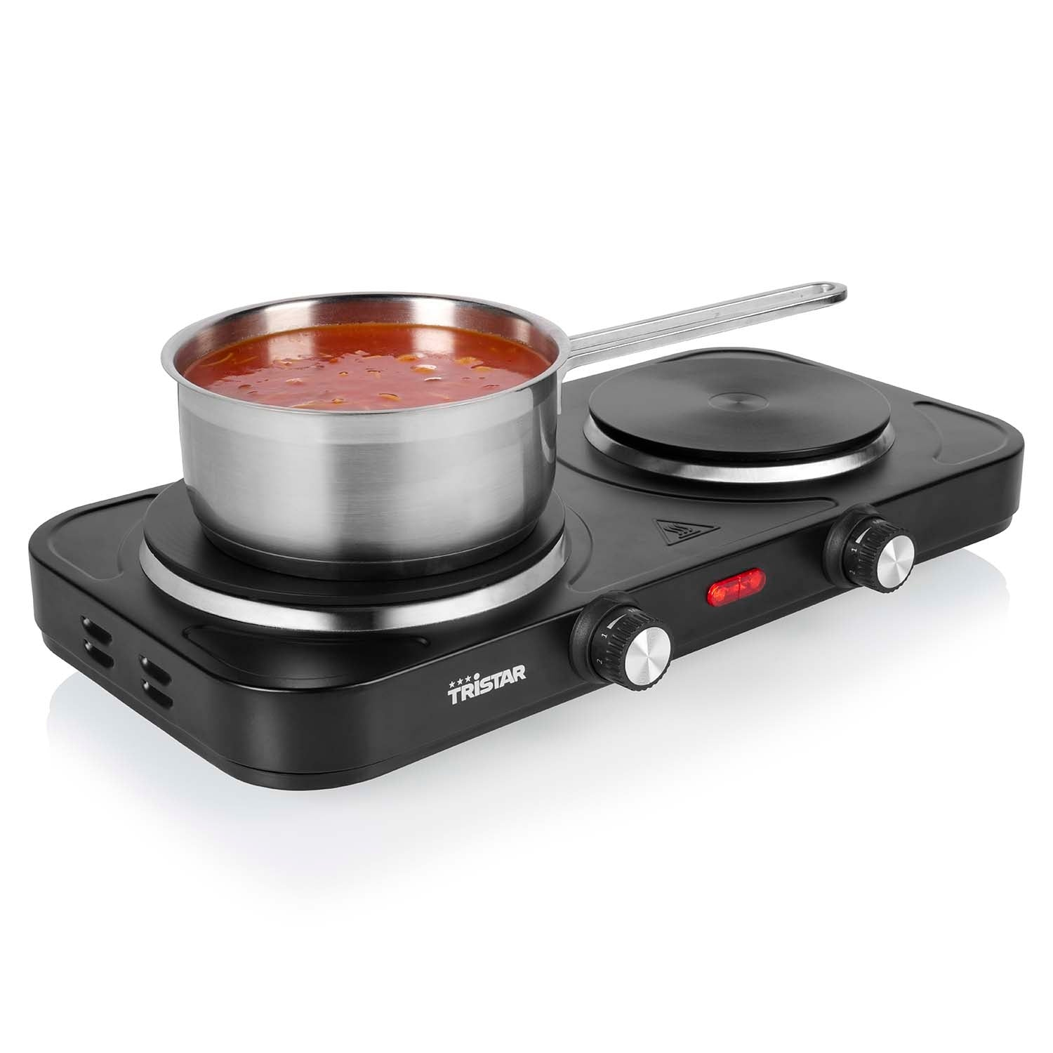 A pot of red sauce on a black Tristar double hot plate.