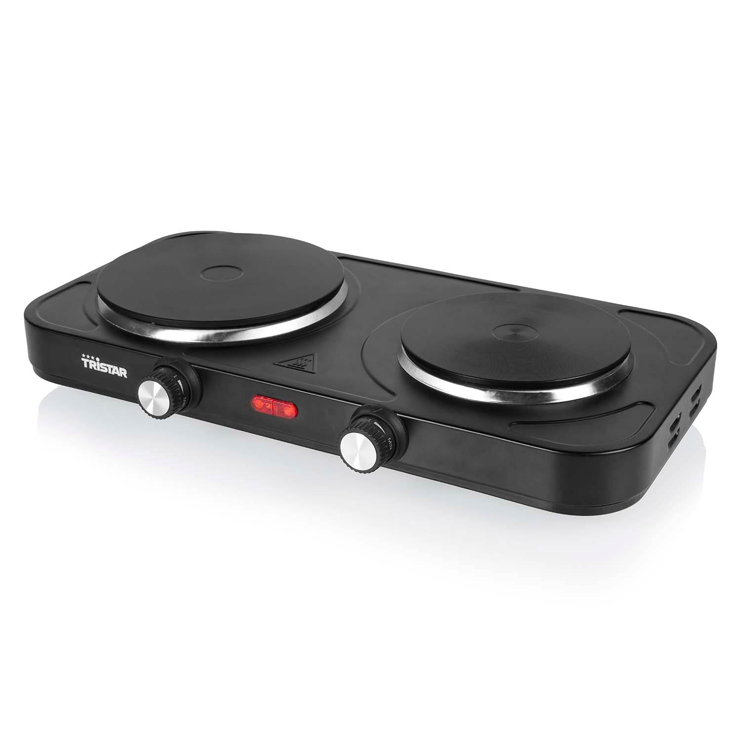 Black electric double hot plate with two burners and control knobs.