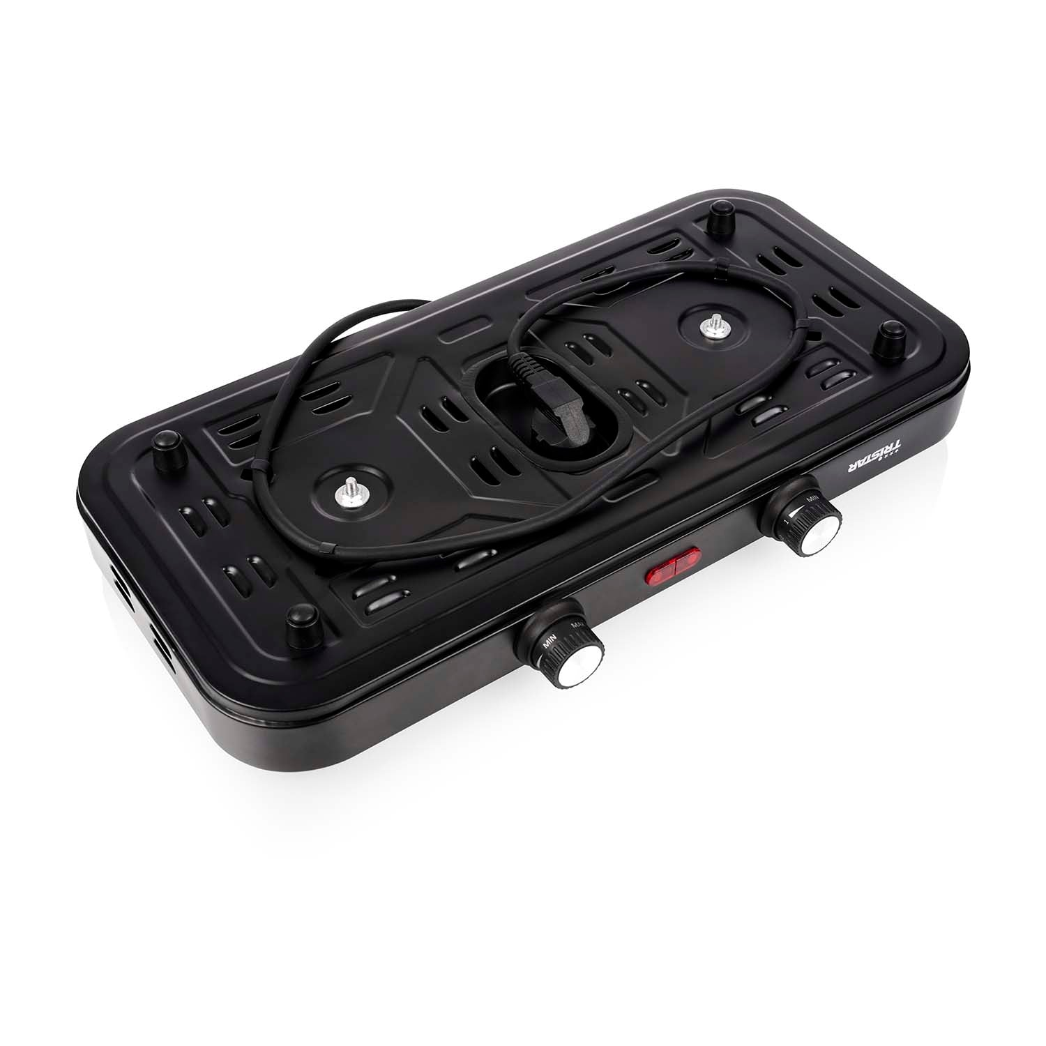 Black electric double hot plate cooker with cord and knobs.