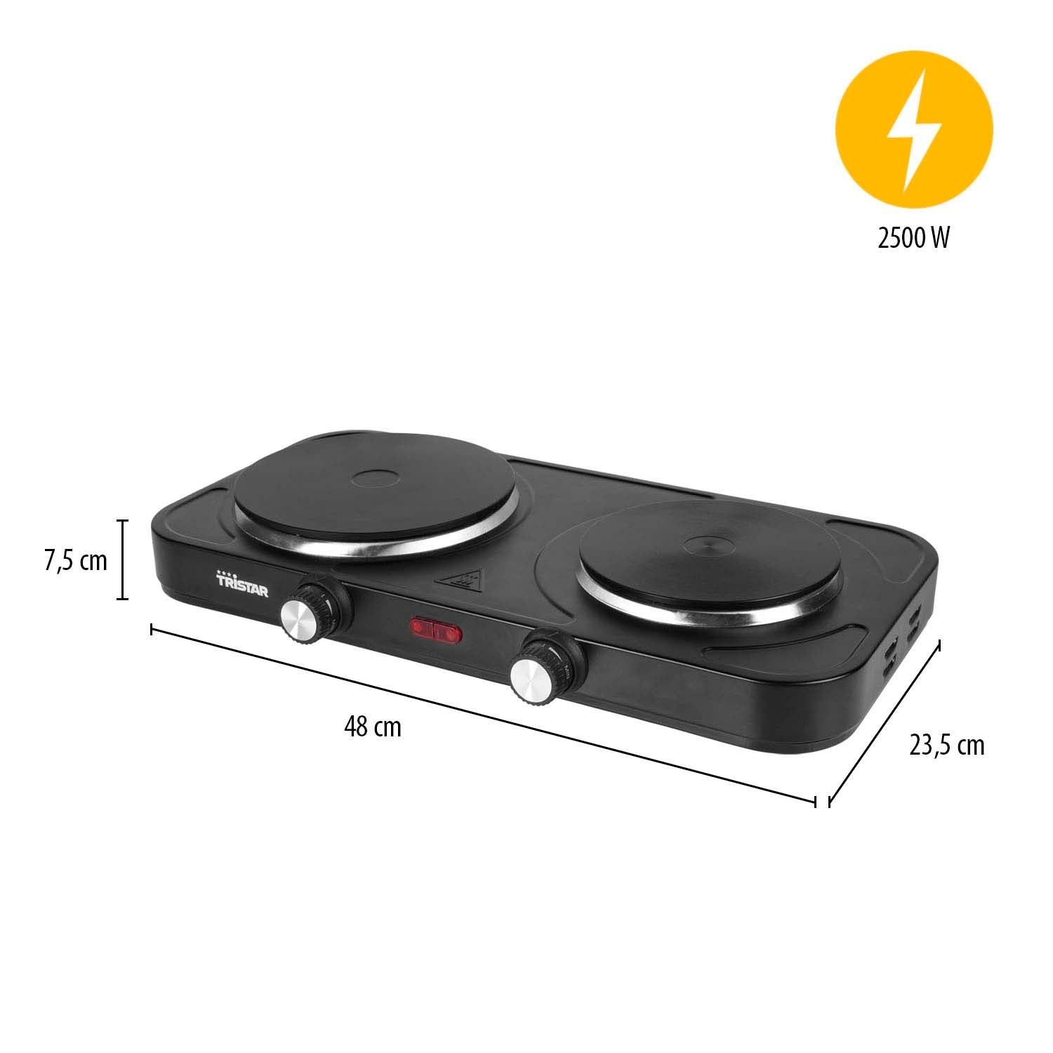 Black double hot plate cooker, 2500 W, measuring 48 x 23.5 x 7.5 cm.
