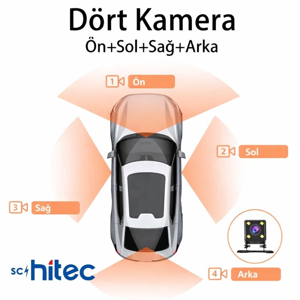 Araba için dört kamera: ön, sol, sağ, arka. Logo dahil.