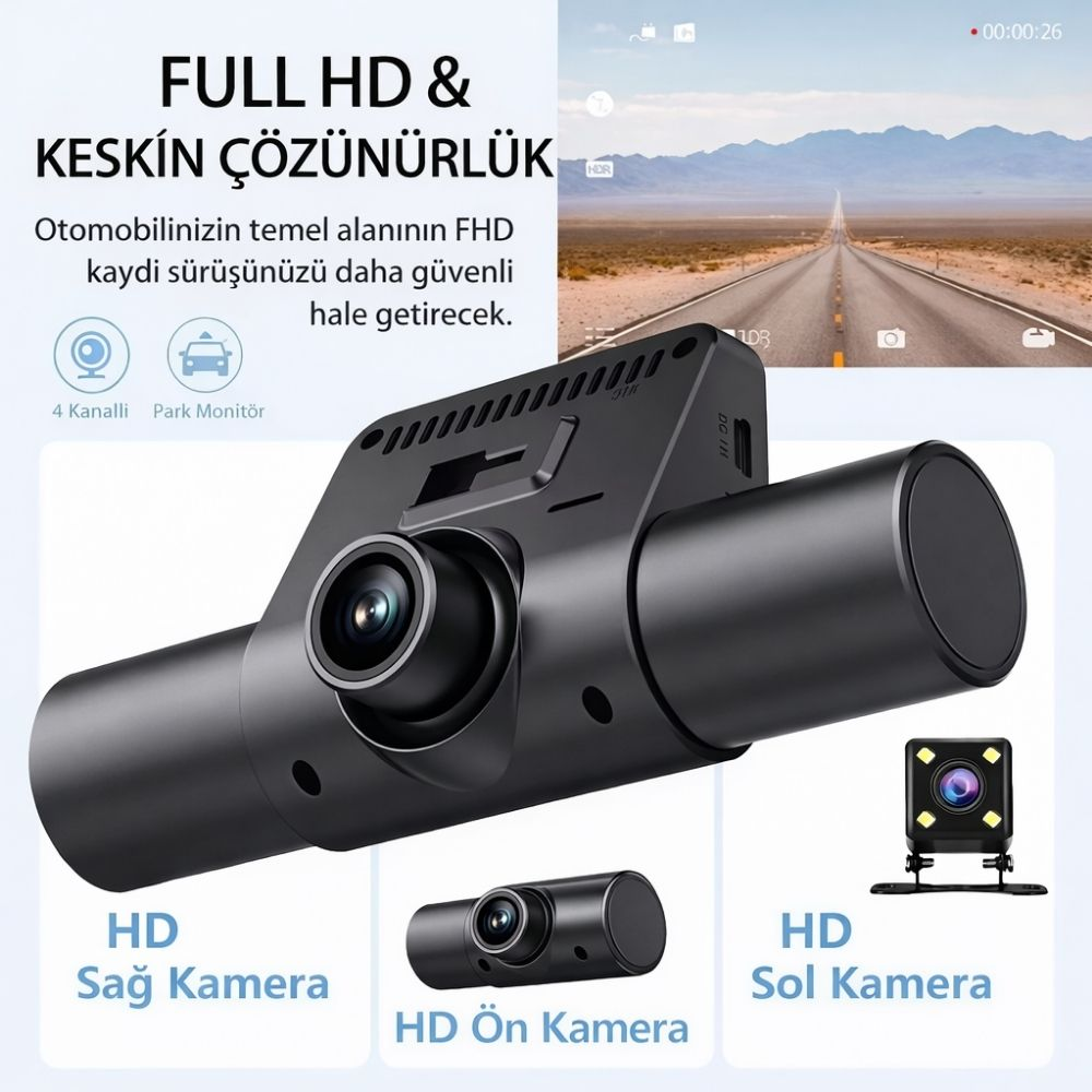 Üç HD araç kamerası: ön, sağ ve sol, arkada yol ile.