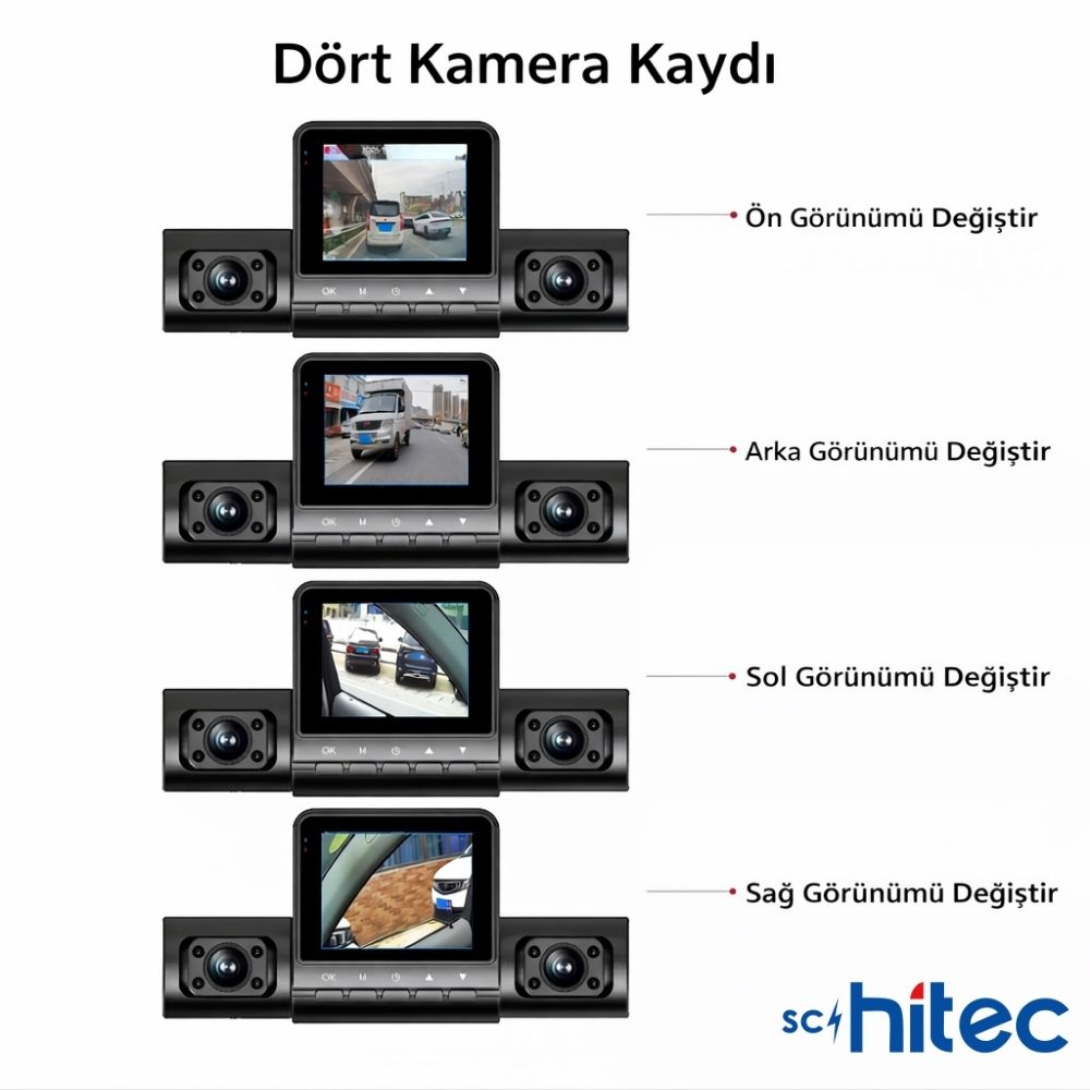 Dört kameralı kayıt ön, arka, sol ve sağ görünümleri gösterir.