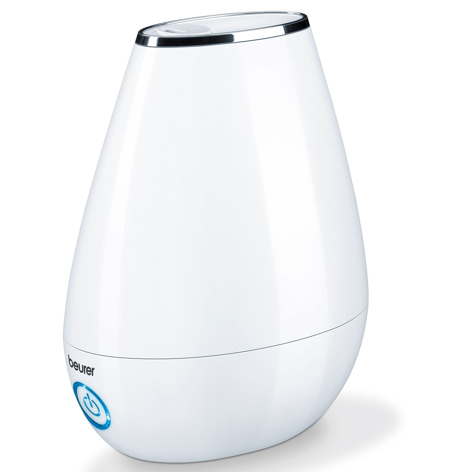 A white Beurer humidifier with a silver rim and a blue power button.
