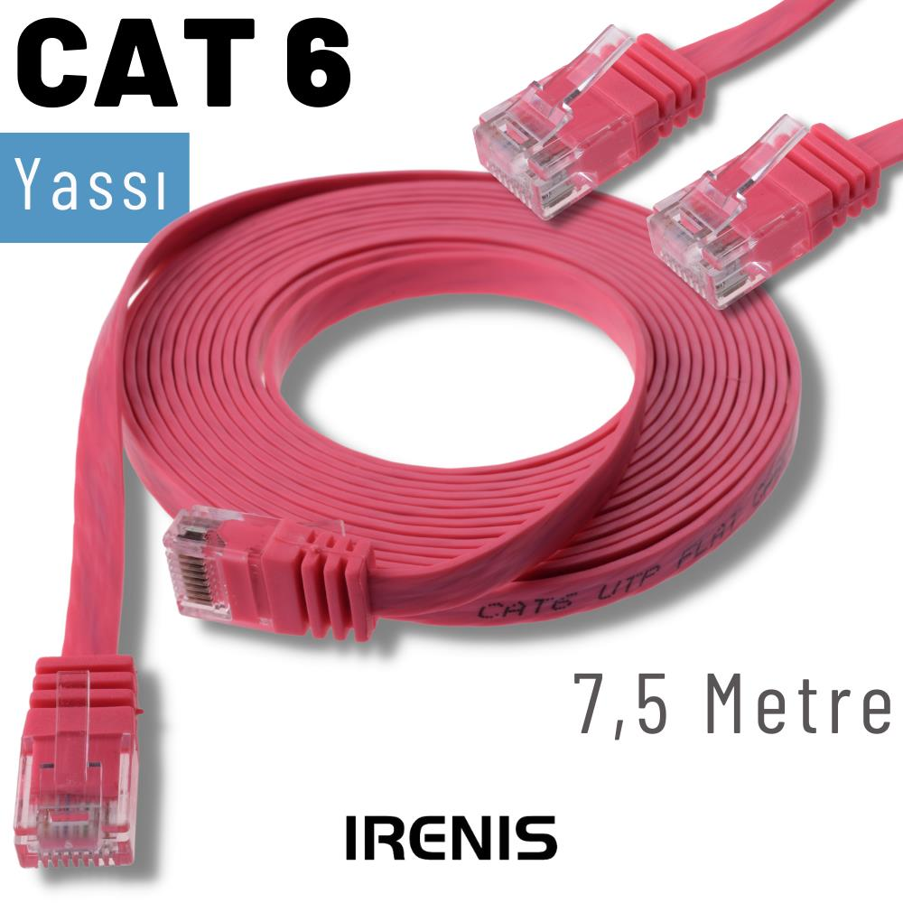 İki konektörlü, 7,5 metre uzunluğunda düz pembe CAT 6 ağ kablosu.