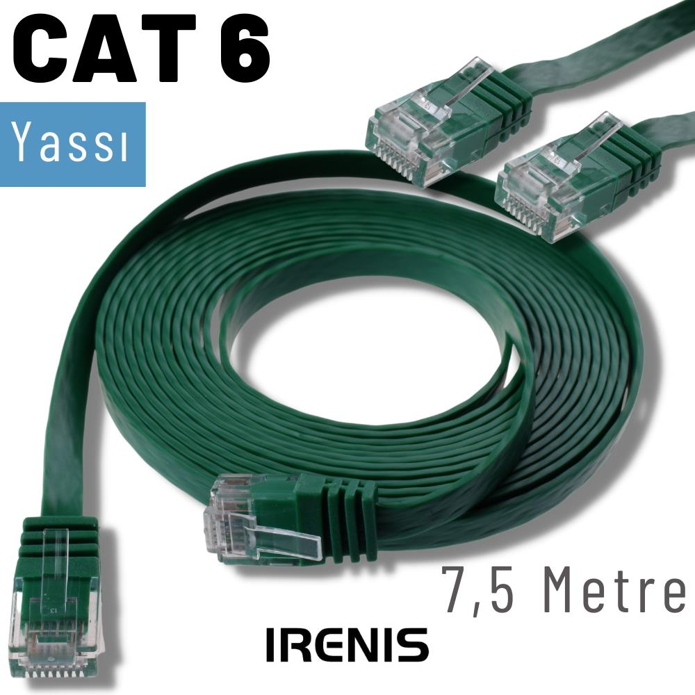 Yeşil düz CAT 6 kablo, iki RJ45 konektörlü, 7,5 metre.
