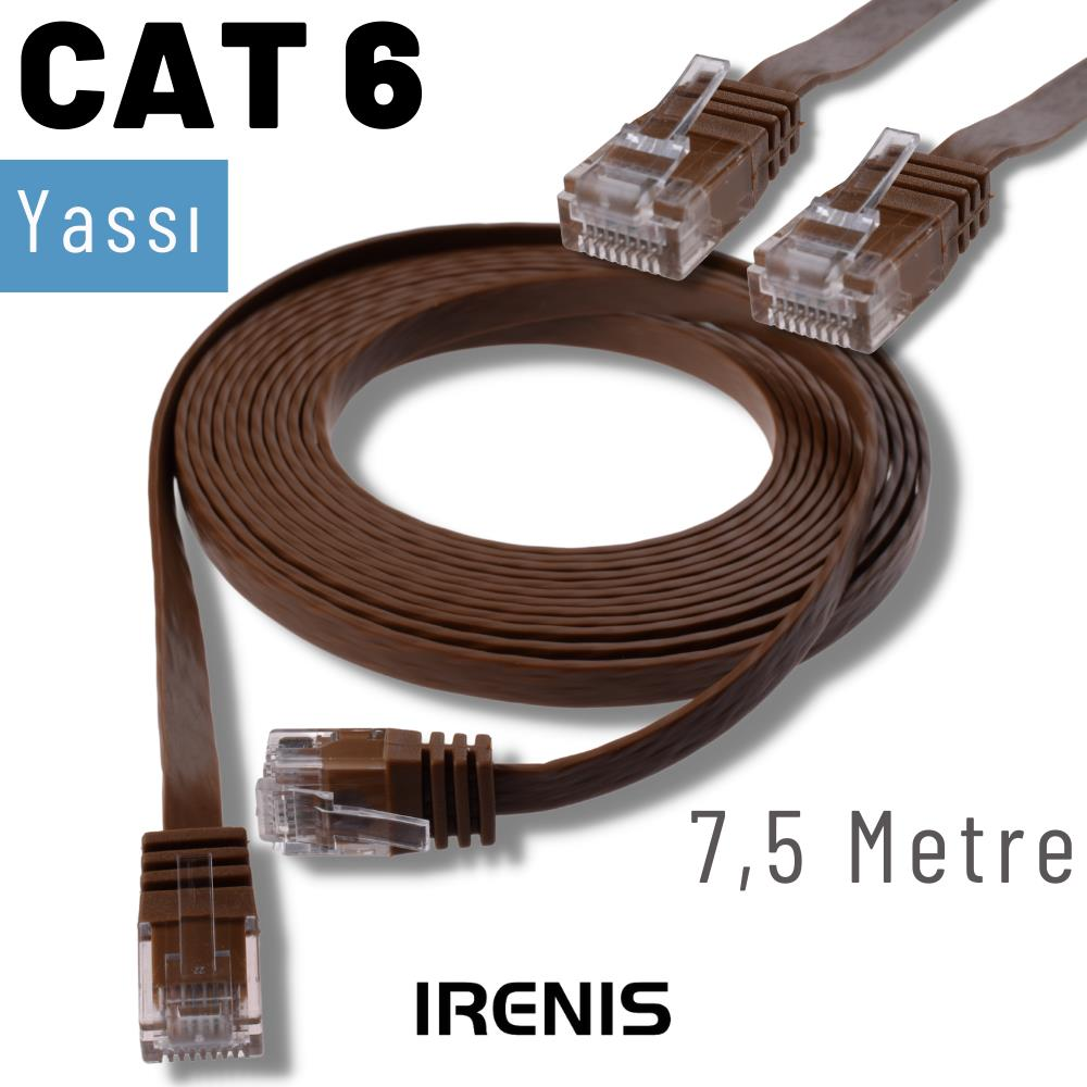 IRENIS 7,5 Metre CAT6 Kablo Yassı Ethernet Network Lan Ağ İnternet Kablosu