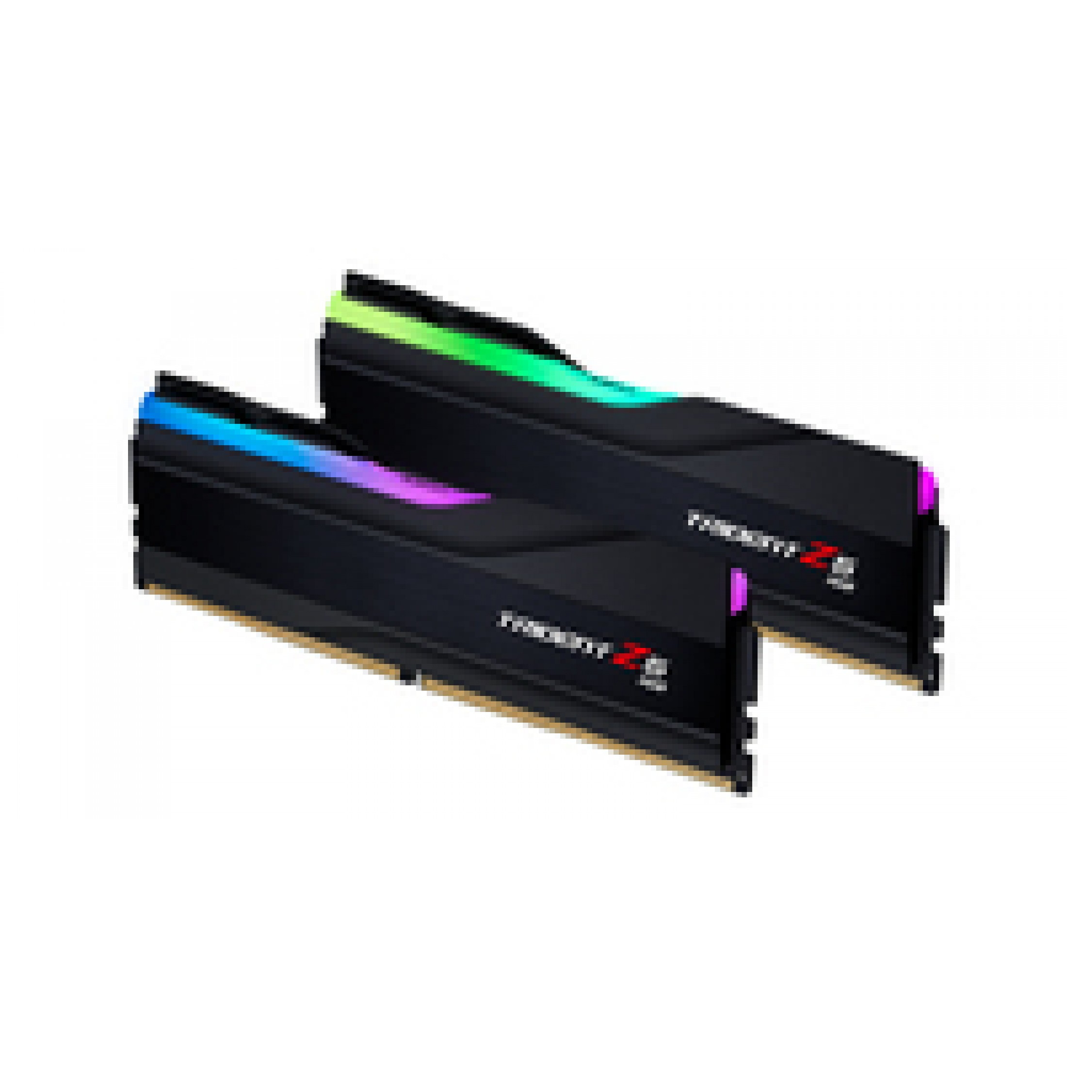 Mavi ve yeşil RGB aydınlatmalı iki siyah RAM modülü.