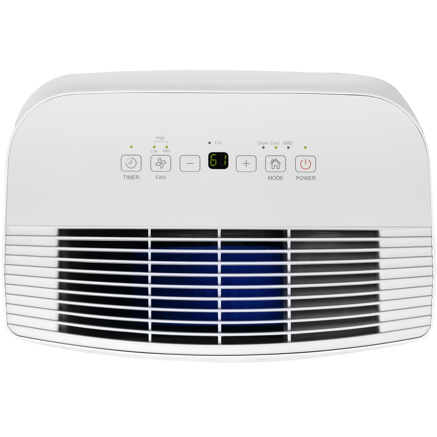A white dehumidifier with digital displays for timer, fan, mode, and power.