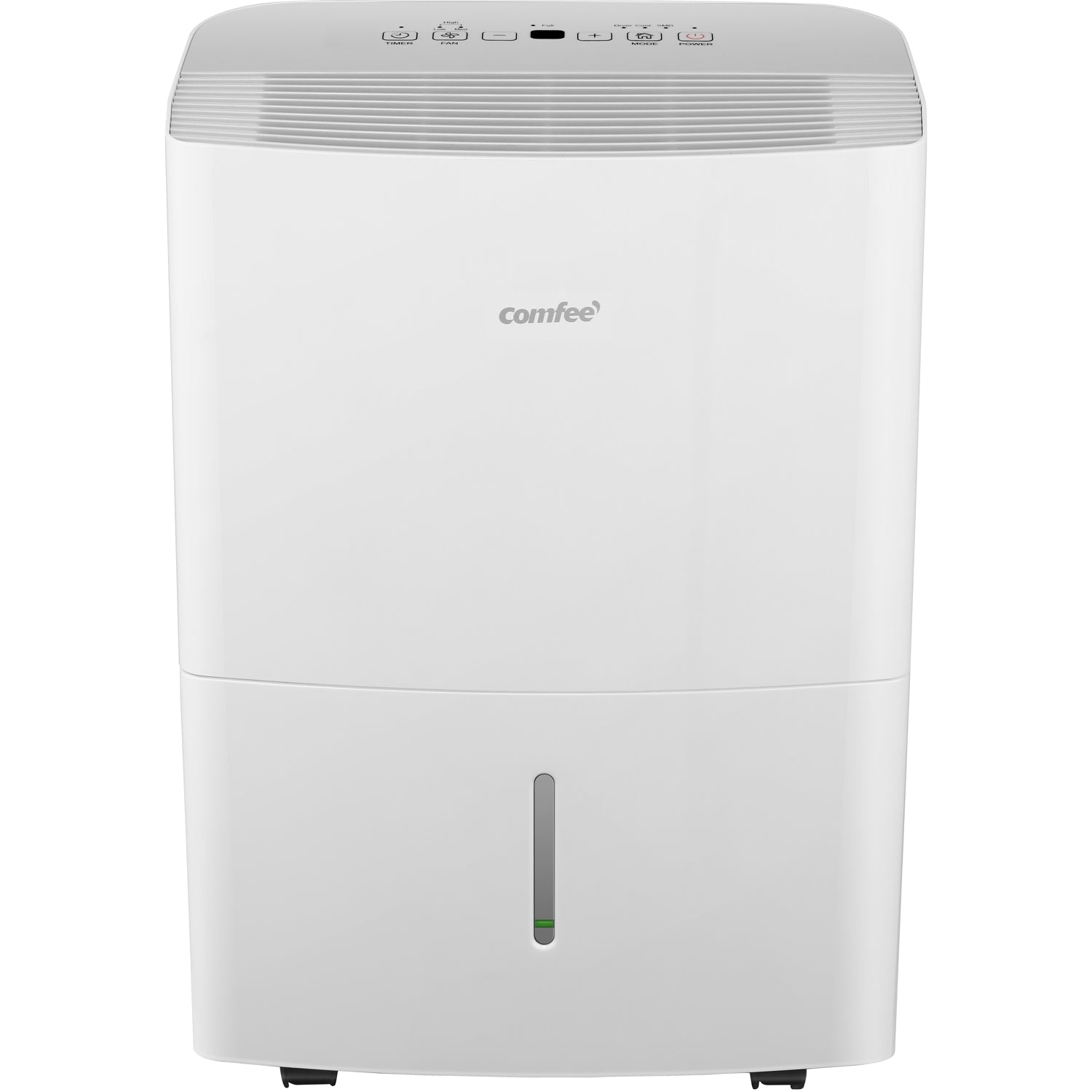 A white dehumidifier with a control panel and water level indicator.